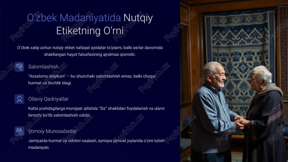ning ichki madaniyatining yorqin ko‘zgusidir." • har birimiz nutqiy etiket qoidalarini chuqur o‘rganib, ularni kundalik hayotimizda qo‘llashimiz shart. • madaniyatlararo tushunishni oshirish uchun nutqiy etiketga alohida e'tibor qarataylik. https://gamma.app/?utm_source=made-with-gamma https://gamma.app/?utm_source=made-with-gamma