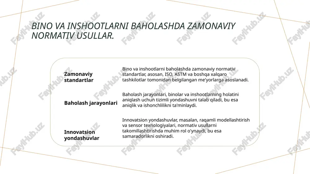 ri bino ichidagi yemirilish belgilari, eshik va derazalarning qiyshayishi, devorlardagi qizil yoki qora dog'lar, va strukturaning zichligi bilan bog'liq muammolarni o'z ichiga oladi. 4 aniqlash usullari jismoniy yemirilishni aniqlash uchun vizual tekshiruv, mexanik testlar va zamonaviy sensor texnologiyalari qo'llaniladi, bular esa muammoni aniqlashda samarali hisoblanadi. bino va inshootlardagi yorilishlar: belgilar va sabablar. bino va inshootlardagi yorilishlar, asosan, er osti harakatlari, qurilishdagi kamchiliklar yoki materiallarning eskirishi natijasida yuzaga keladi. ularning belgilari orasida yuzaki yorilishlar, devorlardagi yoriqlar va qavatlardagi cho'kishlar mavjud. bunday holatlar xavfsizlikka tahdid solishi mumkin, shuning uchun ularga diqqat bilan yondashish zarur. photo by frank albrecht on unsplash suv ta'siri: materiallar yemirilishining ko'rsatkichlari. suv ta'siri yemirilish belgilari oldini olish usullari suv ta'siri inshoot materiallariga salbiy ta'sir ko'rsatadi, bu esa bino va inshootlarning tuzilishiga zarar yetkazishi mumkin. suv ta'siri natijasida materiallarda yorilishlar, shikastlanishlar va korroziya belgilarini ko'rish mumkin. bu belgilar vaqt o'tishi bilan kuchayadi. suv ta'sirini kamaytirish uchun to'g'ri drenaj tizimlari, …