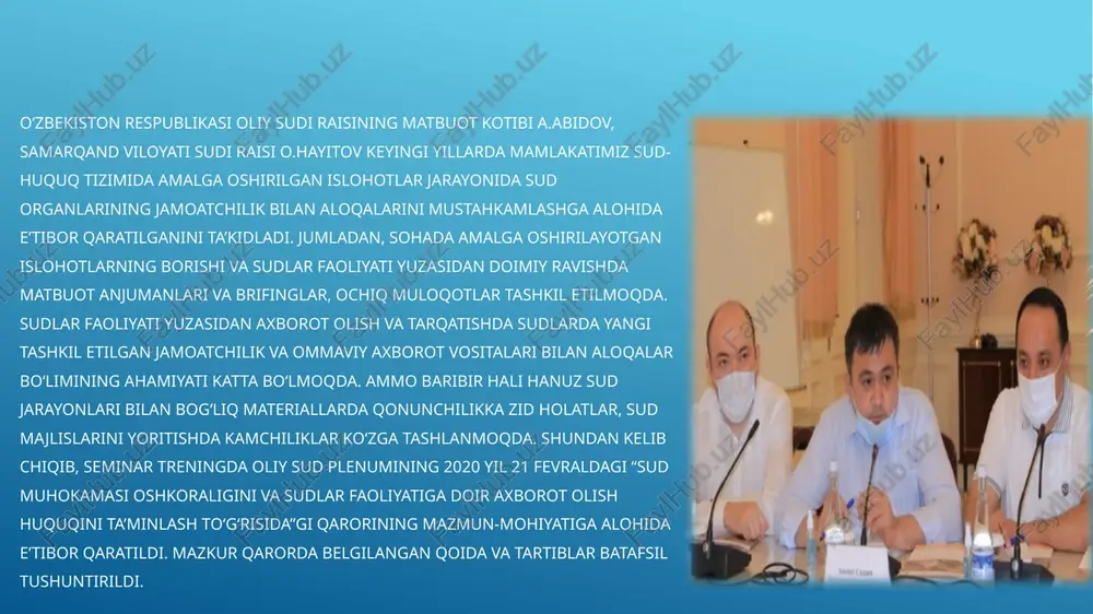 ashish va adolat mezonlaridan barchaning teng foydalanishini ta'minlash.16.10: milliy qonunchilik va xalqaro shartnomalarga muvofiq, aholining axborotdan foydalanishini ta'minlash va asosiy erkinliklarni himoya qilish.axborotdan foydalanish huquqini ajralmas qismi sifatida o’z ichiga olgan fundamental so’z erkinligi adolatga bo'lgan huquq va uning natijasi bo'lgan qonun ustuvorligining tabiiy to'ldiruvchisidir. btm doirasidagi ikkita maqsadning har birida ularga erishish samaradorligini o'lchash uchun ko'rsatkichlar mavjud va har ikkala sohadagi yutuqlar "tinchlik, adolat va kuchli institutlar"ga qo'shgan asosiy hissasi hisoblanadi.sud va prokuratura organlari huquqning yemirilishdan himoya qilish hamda davlatlar va boshqa tegishli sub'ektlarning so'z erkinligi huquqini hurmat qilish, himoya qilish, rag'batlantirish va amalga oshirish bo'yicha o'z majburiyatlarini bajarishini ta'minlashda muhimdir. sudyalar, prokurorlar va boshqa sud organlari xodimlari o'z faoliyati doirasida nafaqat so'z erkinligi va axborot olish huquqini himoya qilishi, balki davlat organi sifatida o'z fikrini erkin bayon eta olishlari va shaffof ish olib borishlari hamda axborot erkinligi to’g’risidagi qonun hujjatlariga rioya qilishlari shart. sud organlari uchun global qo’llanma …