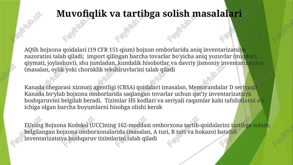 ombor rejasi va tashkiloti gollandiyadagi ombor tashkilotchiligida abc tahlili qoʻllanilib, 1000 ta yuqori qiymatli buyum (a-toifa) maxsus saqlashga ajratildi, buning natijasida ishlov berish vaqti 20% ga kamaydi va amsterdamda tovar yetishmasligi 10% ga kamaydi. chikagodagi bojxona inventarizatsiyasi nazorati rfid yorliqlar, 500 ta import qilingan konteynerlarni real vaqtda kuzatish va 3 ta bojxona bazasi bilan avtomatlashtirilgan moslashtirish orqali 99,9% aniqlikni ta'minlaydi. los-anjelesda 10 000 kv.ft maydonni optimallashtirilgan ombor tartibi, 5 yo'lakli stelaj tizimi bilan 2000 sku joylashtirilgan; zona bo'yicha terish buyurtma bajarilishini 15% ga yaxshilashga yordam beradi. zaxira boshqaruv tizimlari sms ombor operatsiyalarini real vaqt inventarizatsiya kuzatuvi (rfid, shtrix-kod) orqali optimallashtiradi, tovar yetishmasligini kamaytiradi; shimoliy amerika, yevropa va osiyodagi 3pl inshootlarida saqlash xarajatlarini qisqartiradi; buyurtmalarni bajarish tezligini 15-20% ga oshiradi. e'tiboringiz uchun rahmat @taqdimot_robot