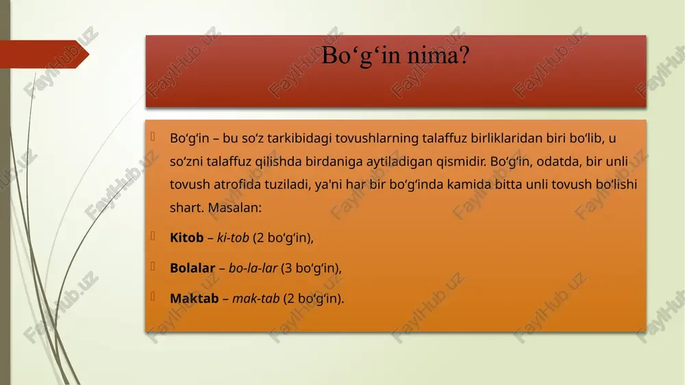 ik beradi. 3 yopiq boʻgʻinlar yopiq boʻgʻinlar "kitob", "dars", "yuz" kabi undosh tovush bilan tugaydigan bo'g'inlardir. ular so'zning qattiqligini oshiradi va o'ziga xos talaffuzni yaratadi. 4 boshqa boʻgʻin turlari boshqa bo'g'in turlari: bir bo'gʻinli ("oʻz"), ikki bo'gʻinli ("kitob"), uch bo'gʻinli ("tushun"). har bir tur o'ziga xos talaffuz va ma'no beradi. xulosa 1 boʻgʻinlar va ularning ahamiyati boʻgʻinlar tilshunoslikda muhim rol o'ynaydi, chunki ular so'zlarni tashkil etish va talaffuz qilishda asosiy elementlardir. 2 oʻzbek tilidagi boʻgʻin turlari oʻzbek tilida boʻgʻinlarning turli turlari mavjud bo'lib, ular fonetik xususiyatlarga asoslanadi va talaffuzda muhim o'rin tutadi. 3 boʻgʻinlarning fonetik jihatlari boʻgʻinlarning fonetik jihatlari ularning strukturasini va talaffuzini belgilaydi, bu esa tilni o'rganish va tushunishda muhim ahamiyatga ega. e'tiboringiz uchun rahmat! /docprops/thumbnail.jpeg