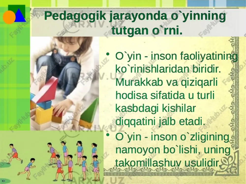 iy faollikni kuchaytiradi. ular qo'l topish, futbol, basketbol kabi sport turlari orqali o'quvchilarning yog'ochlarini, bosh, qo'l va jismoniy kuchlarini oshirishiga yordam beradi. bu esa ularning koordinatsiya qobiliyatlari, muskul tizimlari va jismoniy rivojlanishi uchun katta ahamiyatga ega. sog'lom hayot usullari: o'yin bola o'rganish o'quvchilarga sog'lom hayot usullarini o'rganishda yordam beradi. sportni amaliyotga aylantirish orqali, ularning harakati, jismoniy faolliklari va sportni kafolatli tarzda amalga oshirish, shuningdek, yaxshi ovqatlanish va iste'mol qilishni o'rganishiga yordam beradi. jismoniy tarbiya: o'yinlar bola o'quvchilarga jismoniy tarbiya beradi. jismoniy faolliklar o'quvchilarning jismoniy tizimlarini kuchaytiradi va sog'liklarini oshiradi. bu esa ularning ko'z tizimi, qon yutuqlari, jigar, dastgoh, va dastlabki jinsiy hayotni yaxshilaydi. o'yin bolada aqliy o'rganishdagi urni maktabgacha yoshdagi bolalar rivojlanishida muhim ahamiyatga ega bo’lgan didaktik o’yinlarning tashkil etilish asoslari bola aqliy salohiyatining shakllanishida ularning ahamiyatiga bag’ishlangan. unda bolaning aqliy taraqqiyoti, didaktik o’yinlarning asoslari ilmiy muammo sifatida talqin etiladi. xulosa oʻyin bola faoliyati maktab taʼlimida jismoniy rivojlanish, jamoatchilik, va …