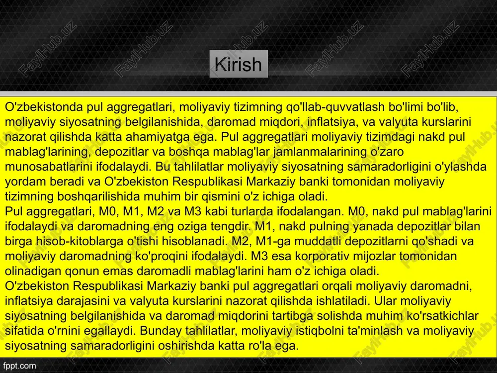 (muddatli jamg'armalar depozitlari va joriy sifatdagi mablag'lar)ni ham qo'shadi. bu, odamlar tomonidan muddatli depozitlarda tutingan mablag'lar va odatda ko'p amalga oshiriladigan mablag'lar jamlanmasini ifodalaydi. m3: m3 m2 ga korporativ mijozlar tomonidan olinadigan qonun emas daromadli mablag'larini (korporativ mijozlarning amalga oshirish uchun xizmat qiladigan depozitlar va mablag'lar) ham qo'shadi. bu, korporativ strukturaga ega bo'lgan mablag'lar jamlanmasini ko'rsatadi. ushbu pul aggregatlari daromad miqdori, moliyaviy tizimning holati, moliyaviy siyosatning samaradorligi, valyuta kurslarining nazorati, inflatsiya darajasi kabi moliyaviy jarayonlarni tahlil qilishda va moliyaviy siyosatni belgilashda ko'rsatkichlar sifatida qo'llaniladi. o'zbekiston respublikasi markaziy banki tomonidan pul aggregatlari kuzatib boriladi va moliyaviy jarayonlarni tahlil qilishda asosiy qo'llaniladigan moliyaviy statistik ko'rsatkichlardan biri hisoblanadi. 7 pul aggregatlari qanday ishlaydi pul aggregatlari, moliyaviy tizimdagi mablag'lar jamlanmasini va moliyaviy siyosatning belgilanishida moliyaviy ko'rsatkichlarni aniqlashda yordam beradi. bu aggregatlar moliyaviy tizimda aylanuvchi mablag'lar turini, mablag'lar o'zgarishlarini, daromad miqdorini, va moliyaviy jarayonlarni o'ylashda yordam beradi. quyidagi jarayonlarda pul aggregatlari qanday ishlaydi: mablag'lar jamlanmasini …