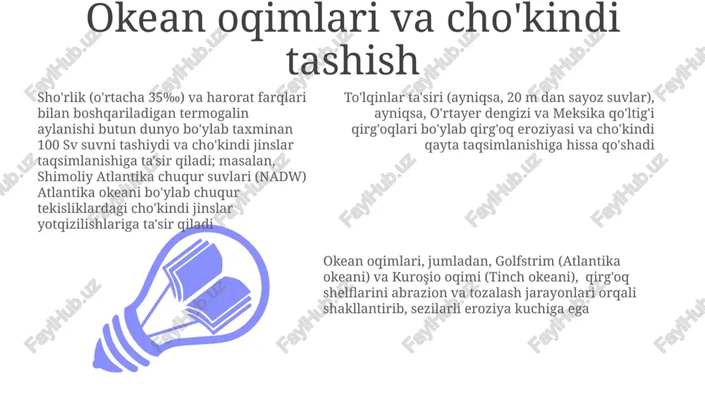 'oq eroziyasi (to'lqin ta'siri 3-5 m/s bo'lgan bo'ronlarda) yiliga 100-1000 tonna tog' jinsini (masalan, dover, buyuk britaniya; kaliforniya qirg'oqlari, aqsh) yuvib ketadi geologik ishlar qirg'oq landshaftlarini yaratishni o'z ichiga oladi: to'lqinlar ta'sirida hosil bo'lgan platforma, dengiz ustunlari, plyajlar (qum, shag'al, toshlardan), qum tirqishlari va to'siq orollar dengiz sathining ko'tarilishi (1-20 sm/asr), muzliklarning erishi va issiqlik kengayishi tufayli kuchayib, pasttekis sohil bo'ylarida (masalan, bangladesh, niderlandiya) eroziyani kuchaytiradi. bu yer maydonlarining yo'qolishiga (gektar/yil) va aholi ko'chishiga olib keladi; to'lqin energiyasi qirg'oqlarga uzatilishi shamolning uzoqligi (masofa) funksiyasidir to'lqin ta'siri va plyajlar to'lqinlar ta'siri (masalan, avstraliyaning bondi plyajidagi 3 metr balandlikdagi to'lqinlar) gidravlik ta'sir, abraziv ta'sir (200 mikronli qum donalari qoyalarga urilishi) va korroziya (karbonat jinslarining erishi) orqali qirg'oqlarni eroziyaga uchratadi, natijada dengiz g'orlari va to'lqinlar kesgan platformalar kabi shakllar hosil bo'ladi okean oqimlari (masalan, golfstrim sekundiga 55 million kub metr suv tashiydi) qirg'oq cho'kindi jinslari taqsimlanishiga sezilarli ta'sir ko'rsatib, plyaj morfologiyasini o'zgartiradi dengiz …