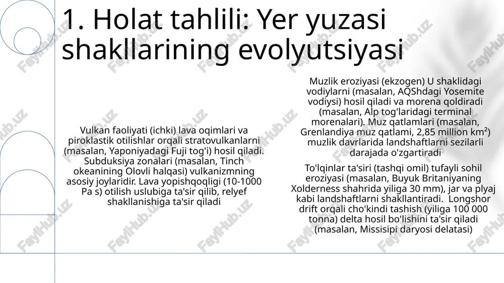 shiferga, ohaktoshni marmarga) issiqlik (regional metamorfizm 300°c dan yuqori; intruzivlar yaqinida kontakt metamorfizm) va bosim (10 kbar gacha) orqali o'zgartiradi. bu o'zgarish yer po'stlog'ining turli chuqurliklarida sodir bo'lib, mineral agregatlari va jins tuzilmalarini o'zgartiradi. magmatizm sierra nevada (ca)dagi granit batolitlar va islandiyadagi bazalt oqimlari kabi intruziv va ekstruziv magmatik jinslarni hosil qiladi tektonika litosfera qatlam harakatlarini (masalan, himoloy tog'laridagi yaqinlashuvchi chegaralar, >5 sm/yil; o'rta atlantika tizmasidagi uzoqlashuvchi chegaralar, 2-10 sm/yil) o'z ichiga oladi, bu zilzilalarga (masalan, 2011-yil yaponiyadagi tohoku zilzilasi, 9,0 bal) va tog'larning paydo bo'lishiga (orogeniya) sabab bo'ladi 7. geologiyaning endogen jarayonlariga misollar e'tiboringiz uchun rahmat @taqdimot_robot image1.png image2.png image3.png image4.png image5.png image6.png image7.png image8.png