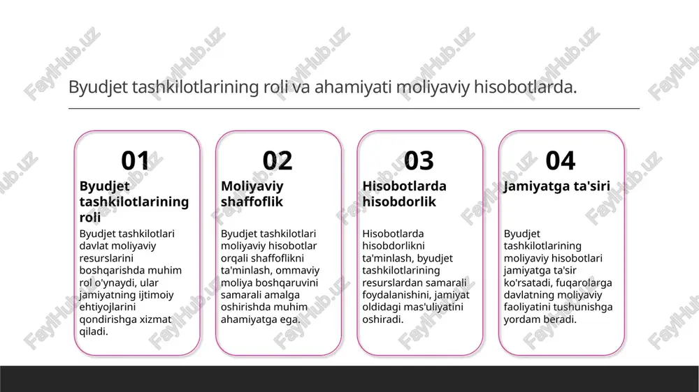 ish hisobotlar orqali byudjet tashkilotlari o'z faoliyatiga javobgarlikni oshiradi, bu esa fuqarolar va davlat o'rtasidagi ishonchni mustahkamlashga xizmat qiladi. 3 resurslarni samarali boshqarish moliyaviy hisobotlar resurslarni to'g'ri taqsimlash va boshqarish uchun zarur ma'lumotlarni taqdim etadi, bu esa samaradorlikni oshiradi. hisobotlarni tayyorlashda muhim bosqichlar va jarayonlar. hisobotlarni tayyorlash jarayoni bir necha muhim bosqichlarni o'z ichiga oladi: 1) ma'lumotlarni yig'ish va tahlil qilish; 2) moliyaviy hisoblarni tuzish; 3) hisobotlarni nazorat qilish va tasdiqlash. ushbu bosqichlar shaffoflik va javobgarlikni ta'minlaydi. photo by george beridze on unsplash moliyaviy hisobotlar uchun zaruriy ma'lumotlar yig'ish metodlari. ma'lumot manbalari moliyaviy hisobotlar uchun zaruriy ma'lumotlar davlat organlari, moliya muassasalari va iqtisodiy tahlilchilar tomonidan yig'iladi va tahlil qilinadi. hisobot jarayoni hisobot tayyorlash jarayoni ma'lumotlarni to'plash, tasdiqlash va tahlil qilishdan iborat. bu jarayon shaffoflikni ta'minlash uchun muhimdir. texnologik yondashuv zamonaviy texnologiyalar, masalan, erp tizimlari, ma'lumotlarni yig'ish va tahlil qilish jarayonlarini tezlashtirib, sifatini oshiradi va xatoliklarni kamaytiradi. hisobotlar tayyorlashda nazorat va …