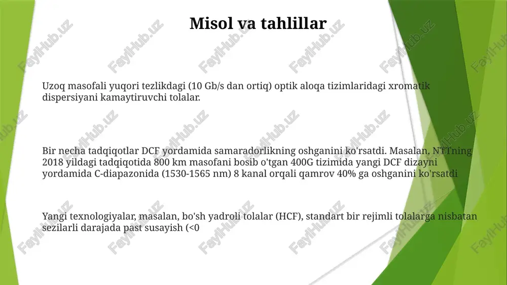 (>$100/km), chegaralangan dispersiya kompensatsiya diapazoni (masalan, 10thz gacha oshirish imkoniyatini beradi, lekin ishlab chiqarish murakkabligi narxni hozirgi kunda 1000$/km dan yuqori darajada oshirib, keng qo'llanilishini cheklaydi. e'tiboringiz uchun rahmat @taqdimot_robot