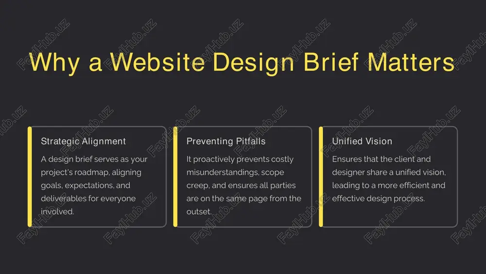 a chapter 4 measure success & post-launch plans define how you'll evaluate the website's performance. key metrics might include website traffic, conversion rates, sales figures, or user feedback. discuss post-launch maintenance, updates, and potential future enhancements. a good brief sets the stage for an ongoing partnership, not just a one-off project. https://gamma.app/?utm_source=made-with-gamma https://gamma.app/?utm_source=made-with-gamma your brief is the foundation of great design efficiency a thorough, clear brief saves time, money, and frustration for all parties involved. empowerment it empowers designers to create tailored solutions that truly fit your business needs and objectives. success start strong, communicate openly, and watch your website project succeed from concept to launch and beyond! https://gamma.app/?utm_source=made-with-gamma https://gamma.app/?utm_source=made-with-gamma