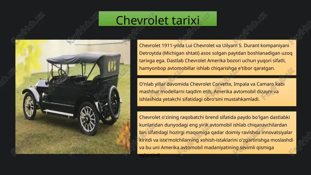 hhur va mashhur modellaridan biri bo'lib qolmoqda. chevrolet camaro chevrolet camaro afsonaviy mushak avtomobili bo'lib, ford mustang bilan o'nlab yillar davomida raqobatlashmoqda. o'zining agressiv uslubi, kuchli dvigatellari va ta'sirchan boshqaruvi bilan tanilgan camaro amerika ko'rsatkichlarining ramziga aylandi. ford f-150 ford f-150 amerikada eng ko'p sotiladigan pikap bo'lib, o'zining mustahkam qobiliyati, tortish quvvati va ko'p qirraliligi bilan mashhur. f-150 70 yildan ortiq vaqt davomida ford kompaniyasining asosiy tayanchi bo'lib kelgan. 6 brend obro'si va mijozlarning sodiqligi chevrolet va ford o'nlab yillar davomida iste'molchilarning turli ehtiyojlarini qondiradigan ishonchli, yuqori sifatli avtomashinalarni ishlab chiqargan holda obro'ga ega bo'ldi. ikkala brend ham sodiq, ishtiyoqli mijozlar bazasiga ega bo‘lib, ular o‘z transport vositalarini shunchaki transportdan ko‘ra ko‘proq ko‘radi – ular turmush tarzi tanlovi va amerika g‘ururining ramzidir. innovatsiyalar merosi va mijozlar ehtiyojini qondirishga sodiqlik bilan chevrolet va ford avtomobilsozlik sanoatining ishonchli nomlariga aylandi. chevrolet va ford avtomobillarining ajoyib dizayni, kuchli ishlashi va ishonchli obro'si amerika …