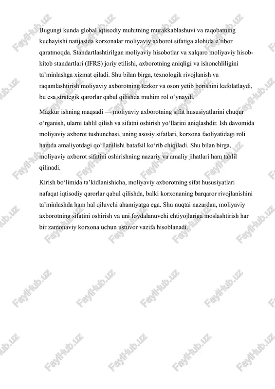 moliyaviy axborotning asosiy manbalari bu: balans, foyda va zarar hisobi, naqd pul oqimi hisobi va boshqalar. moliyaviy axborot – bu korxona yoki tashkilotning moliyaviy holati, moliyaviy natijalari va pul oqimlari haqida tizimli ravishda yig‘ilgan, qayta ishlangan va foydalanuvchilarga taqdim etilgan ma’lumotlar majmuasidir. moliyaviy axborotning asosiy maqsadi – foydalanuvchilarga, jumladan rahbarlarga, investorlar, kreditorlar, soliq organlari va boshqa manfaatdor tomonlarga tashkilotning moliyaviy holati va moliyaviy natijalari haqida haqqoniy, to‘liq va dolzarb ma’lumot taqdim etishdir. moliyaviy axborot korxona faoliyatining barcha sohalarini qamrab oladi. u korxonaning daromadlari, xarajatlari, foyda yoki zarar hajmi, aktivlar va majburiyatlar tarkibi, naqd pul oqimlari, mablag‘larning manbalari va ularning ishlatilishi kabi moliyaviy ko‘rsatkichlarni aks ettiradi. shuningdek, moliyaviy axborot orqali korxonaning moliyaviy barqarorligi, likvidligi, rentabelligi va investitsiyaviy jozibadorligi haqida xulosa chiqarish mumkin. moliyaviy axborotning ahamiyati nafaqat ichki foydalanuvchilar – rahbarlar va xodimlar uchun, balki tashqi foydalanuvchilar, ya’ni investorlar, kreditorlar, soliq idoralari va boshqa manfaatdor tomonlar uchun ham katta. masalan, rahbarlar moliyaviy …