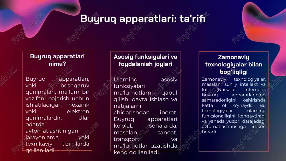 mumkin, bu esa mavjud ishlab chiqaruvchilar uchun tahdid hisoblanadi. s o w t buyruq apparatlari: kelajak istiqbollari yangi texnologiyalarning ta'siri yangi texnologiyalar, jumladan, sun'iy intellekt va avtomatlashtirish buyruq apparatlarining samaradorligini oshirishda muhim rol o'ynaydi. ular jarayonlarni tezlashtirib, inson omilini kamaytiradi, natijada yuqori sifatli va tezkor qarorlar qabul qilish imkonini beradi. bozor tendensiyalari va o'zgarishlar bozor tendensiyalari raqobatni kuchaytirish va innovatsion yechimlarni talab qiladi. kompaniyalar yangiliklarga moslashishi va xaridorlar ehtiyojlariga javob berishi zarur, bu esa buyruq apparatlarini yanada rivojlantirishga yordam beradi. o'zbekistonda rivojlanish imkoniyatlari o'zbekistonda buyruq apparatlari uchun rivojlanish imkoniyatlari katta. davlat va xususiy sektor hamkorligi orqali yangi texnologiyalarni joriy etish, malakali kadrlarni tayyorlash va investitsiyalarni jalb etish orqali soha yanada kengayishi mumkin. buyruq apparatlarining ta'rifi buyruq apparati nima? buyruq apparati - bu ma'lum bir vazifani bajarish uchun ishlatiladigan qurilma bo'lib, u inson tomonidan berilgan buyruqlarni bajaradi. u avtomatlashtirilgan tizimlar va boshqaruv jarayonlarida muhim rol o'ynaydi. asosiy vazifalari - operatsiyalarni avtomatlashtirish. …