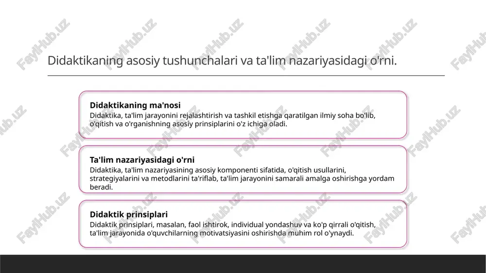 otivatsiyasini oshiradi va ta'lim jarayonini samarali qiladi. o'qitish usullarining tarixiy rivojlanishi va zamonaviy talablari. 01 o'qitish usullarining tarixi o'qitish usullari tarixiy rivojlanishida an'anaviy va zamonaviy yondashuvlar o'zaro ketma-ketlikda paydo bo'lgan bo'lib, ularning har biri o'ziga xos xususiyatlarga ega. 02 an'anaviy usullar an'anaviy o'qitish usullari asosan leksik, nutq va yozish mashg'ulotlariga asoslangan. bu usullar o'quvchilarning nazariy bilimlarini shakllantirishga qaratilgan. 03 zamonaviy yondashuvlar zamonaviy o'qitish usullari interaktiv va talabalar faoliyatini oshirishga qaratilgan. bu usullar o'z ichiga kolaborativ o'qitish va innovatsion texnologiyalarni oladi. 04 talablar va moslashuv zamonaviy ta'lim talablariga javob berish uchun o'qitish usullari moslashuvchan bo'lishi lozim. shuningdek, o'quvchilarning ehtiyojlariga moslashtirish muhim ahamiyatga ega. o'qitish strategiyalarining samaradorligi: ta'lim jarayonida tahlil. o'qitish strategiyalari o'qitish strategiyalari, ta'lim jarayonida o'quvchilarning faol ishtirokini ta'minlaydi, bilimlarni mustahkamlash va ko'nikmalarni rivojlantirishda muhim ahamiyatga ega. o'zaro ta'sir o'qitish strategiyalarining samaradorligi, o'qituvchi va o'quvchilar o'rtasidagi o'zaro ta'sirga bog'liq. bu ta'sir, o'quvchilarning motivasiyasini oshiradi va ularning o'rganish jarayonini yaxshilaydi. tahlil va …