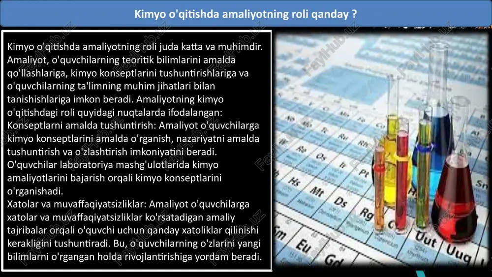 rish, laboratoriya mashg'ulotlarini tashkil etish va natijalarni tahlil qilish orqali kimyo bilimini rivojlantirishadi. amaliy va nazariy darslar bir-birini o'zlashtirish uchun mo'ljallangan va ta'lim jarayonining o'rtasida kuchli bir aloqani o'rgatish uchun ishlab chiqilgan. kimyo o'qitish nazariy va amaliy darslar orasidagi to'liq tasavvurlash va amalda o'rganishni ta'minlash orqali o'quvchilarni kimyo fanini yaxshi tushunish, o'zlashtirish va rivojlantirish imkoniyatini beradi. this presentation uses a free template provided by fppt.com www.free-power-point-templates.com kimyo o'qitishda laboratoriya uskunalari va materiallar qanday foydalaniladi? laboratoriya uskunalarining foydalanishi: kichik uskunalar: kichik uskunalar o'quvchilarning shaxsiy laboratoriya ishlari uchun kerak bo'ladigan muhim vositalardir. bu uskunalar probki, miqyoslar, pipetkalar, mikroskop qiladigan kalibratsiyalar, qimmatbaho kimyo uskunalar (kimyo qutb-olchovlari, kimyo qutb qurilmalari) va boshqalarni o'z ichiga oladi. og'ir uskunalar: og'ir uskunalar asosan laboratoriya o'quvchilarning laboratoriya ishlari davomida kimyo amaliyotlari olib borish uchun foydalaniladi. bu uskunalar miqyoslar, oqimlar, qurutgichlar, kimyo ta'minotlar va kimyo jihozlar, termodinamik qurilmalari (kislorod bombozli, vodorod bombozli, va h.k.) va laboratoriya jarayonlari bilan bog'liq …