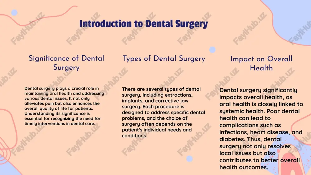 gement strategies understanding these risks and implementing prevention and care strategies can improve patient outcomes and reduce complications. photo by kelly sikkema on unsplash future trends in dental surgery emerging technologies digital tools like intraoral scanners and cad/cam systems streamline workflows and enhance treatment planning. minimally invasive procedures minimally invasive techniques reduce recovery times and improve patient comfort, transforming traditional surgical practices. impact on patient care these advancements lead to more precise diagnoses and tailored treatments, improving overall patient outcomes in dental surgery. conclusion the future of dental surgery is promising, driven by technological innovations and a focus on patient-centered care. introduction to dental surgery advances evolution of dental surgery dental surgery has evolved significantly over the years, transitioning from traditional methods to advanced techniques. early dental procedures were often rudimentary and painful, focusing primarily on extractions. today, the field incorporates minimally invasive surgical methods, such as laser dentistry and …