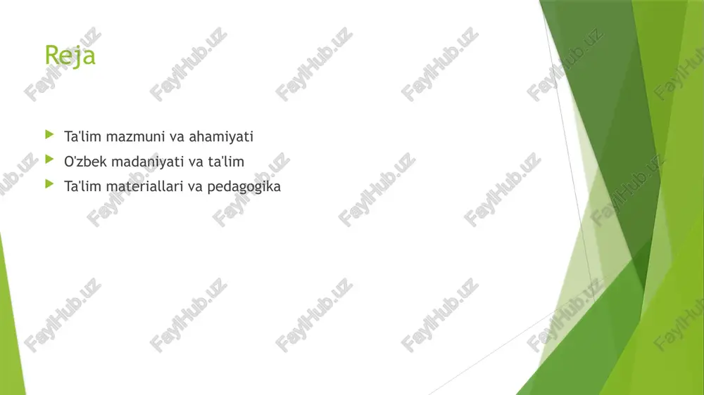 imkonini beradi, bu esa ularning shaxsiy va madaniy identitetlarini mustahkamlaydi. ta'lim mazmunining global muammolar bilan aloqasi. global ta'lim tendensiyalari global ta'limda barqarorlik, tenglik va sifatli ta'limga kirish kabi muammolar, o'zbek ta'lim mazmuniga ta'sir qiladi, uni rivojlantirishga undaydi. madaniyatlararo aloqalar ta'lim mazmuni, madaniyatlararo aloqalarni kuchaytiradi, o'zbek xalqining tarixiy va madaniy o'ziga xosligini jahon ta'lim standartlariga moslashtiradi. innovatsiyalar va muammolar global muammolar, masalan, iqlim o'zgarishi va iqtisodiy notenglik, ta'limda innovatsion yondashuvlarni taqozo qiladi, yangi ta'lim materiallarini ishlab chiqishni talab etadi. o'zbek madaniyatining ta'limdagi o'rni va ahamiyati. 1 o'zbek madaniyatining asoslari o'zbek madaniyati, tarixan, o'ziga xos qadriyatlar va an'analarni o'z ichiga oladi. bu, ta'lim jarayonida milliy identitetni saqlashda muhim rol o'ynaydi. 2 ta'limda an'analar o'zbek xalq an'analari ta'lim jarayonida jamiyatning tarixiy tajribasini aks ettiradi. masalan, mehmondo'stlik va hurmat ko'rsatish o'qitishda muhim ahamiyatga ega. 3 madaniyat va o'qitish o'zbek madaniyati o'qitishda o'ziga xos uslublarni taklif etadi. musiqa, san'at va adabiyot orqali ta'limni boyitish, talabalarning …