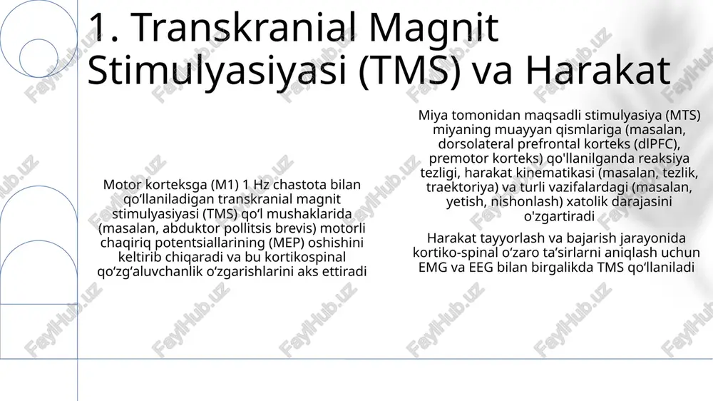 eptsiya (mushak shpindllari, golgi tendon organlari), teri mexanoreseptorlari (pacinian tanachalari, meissner tanachalari) harakatni boshqarish uchun muhim sezgi ma'lumotlarini ta'minlaydi, harakat aniqligiga (masalan, narsaga yetish) va moslashuvchanligiga (masalan, notekis yuzada yurishga) ta'sir qiladi emg mushak elektr faolligini, eeg miya to'lqinlarini, erp esa harakatga ta'sir qiluvchi sensorli signallarga miyaning aniq reaksiyasini o'lchaydi. sensorli kirish va motor chiqish o'rtasidagi bog'liqlikni (reaksiya vaqti, harakat vaqti, xatolik darajasi orqali) o'lchaydigan psixofizik usullar, ko'rish, eshitish yoki teginish orqali olingan ma'lumotlarning harakat samaradorligiga ta'sirini ko'rsatadi 6. sezuvchi teskari aloqa mexanizmlari gto faoliyati faqat passiv mushak choʻzilishini emas, balki faol mushak qisqarish kuchini ham aks ettiradi. bu nozik ma'lumotlar, boshqa sezgi ma'lumotlari bilan birgalikda, aniq motor nazoratini sozlash imkonini beradi golgi tendon organlari (gto), muskul-pay boʻgʻimida joylashgan boʻlib, mushak kuchlanishidagi oʻzgarishlarni maksimal ixtiyoriy qisqarishning (mik) ~3-6% dan oshiq qismini aniqlaydi emg (biseks braxiy va tibialis anterior mushaklaridan) va eeg (m1 va sma miya sohalaridan) yordamida o'tkazilgan psixofiziologik tadqiqotlar …