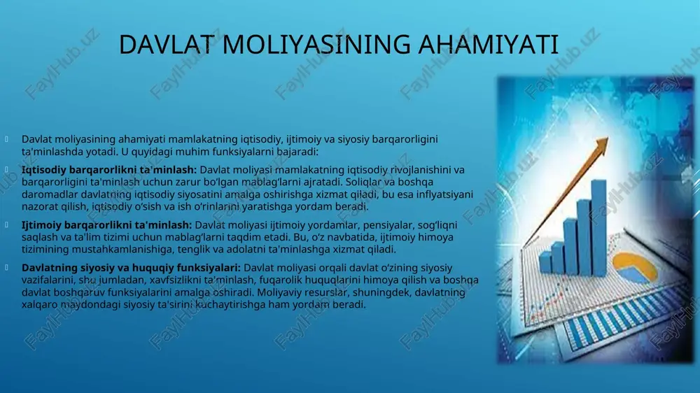 iga olib, milliy iqtisodiyotni boshqarish va rivojlantirish uchun zarur moliyaviy mexanizmlarni yaratadi. davlat moliyasining ahamiyati nafaqat iqtisodiy o‘sishni ta'minlashda, balki ijtimoiy tenglikni saqlashda ham yaqqol ko‘zga tashlanadi. chunki davlat moliyasi orqali ta'lim, sog‘liqni saqlash, infratuzilma va boshqa ijtimoiy loyihalarga investitsiyalar jalb qilinadi. shuningdek, davlat moliyasi iqtisodiy inqirozlarni yumshatish, barqarorlikni ta’minlash va ijtimoiy himoyani kuchaytirishda ham muhim rol o‘ynaydi. davlat moliyasi – bu davlat ehtiyojlarini qondirish va jamiyatning ijtimoiy-iqtisodiy rivojlanishini ta’minlash uchun iqtisodiy resurslarni yig‘ish, taqsimlash va boshqarish tizimi hisoblanadi. davlat moliyasi davlatning asosiy boshqaruv mexanizmi bo‘lib, uning yordamida iqtisodiyotga ta'sir ko‘rsatish va aholining turmush darajasini yaxshilash amalga oshiriladi. resurslarni to‘plash resurslarni to‘plash davlat resurslarni yig‘ish uchun turli manbalardan foydalanadi. bular quyidagilardan iborat: 1. soliqlar soliqlar davlatning asosiy daromad manbai hisoblanadi. o‘zbekistonda soliqlar daromad solig‘i, qo‘shilgan qiymat solig‘i (qqs), aksiz soliqlari va boshqa turlarga bo‘linadi. davlat iqtisodiyotni rivojlantirish va ijtimoiy muvozanatni ta’minlash uchun soliq tizimini muntazam ravishda isloh qilib boradi. 2. …