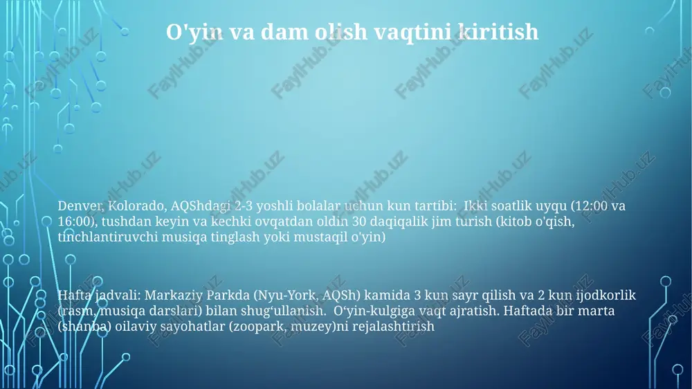 tunukaga o'rgatish (18-30 oy) tartiblariga ta'sir qiladi jadval: chaqaloqlar tez-tez ovqatlanishni talab qiladi (har 2-3 soatda), asta-sekin kamroq ovqatlanishga o'tadi. uyqu jadvali (kunduzi uxlash, tungi uyqu) moslashuvchan, lekin optimal rivojlanish uchun izchil bo'lishi kerak moslashuvchan va qat'iy jadvallar qat'iy jadvallar ovqat vaqtlarini (soat 7:00 nonushta, soat 12:00 tushlik), kunduzgi uyquni (soat 13:00 - 15:00) va boshqa faoliyatlarni aniq belgilaydi; tartib-intizom, muntazamlik va bashoratlilikni ta'minlaydi; 6 yoshdan oshgan bolalar uchun foydalidir; nyu-yorkdagi bolalar bog'chalarida keng tarqalgan. moslashuvchan jadvallar faoliyat uchun 2-3 soatlik vaqt oralig'ini taklif qiladi; kutilmagan voqealarga (kasallik, uchrashuvlarga) moslashadi; 2-5 yoshli bolalar rivojlanishi ehtiyojlari uchun yaxshiroq. ostin, texasdagi uyda o'qitish oilalari ko'pincha moslashuvchan jadvallardan foydalanadilar. vaqt jadvallarini muvozanatlash; denver, koloradodagi jadvallar kabi vizual vositalardan foydalanish; qat'iy vaqtlarga moslashuvchanlik (15 daqiqalik zahira) kiritish; 3-6 yoshli maktabga tayyorgarlik ko'rayotgan bolalar uchun mos. ovqat vaqtlari jadvali va sogʻlom ovqatlanish doimiy ovqatlanish vaqtiga rioya qilish tanlamas ovqatlanishni kamaytiradi. bolalarni fransiya, italiya yoki ispaniyadagi …