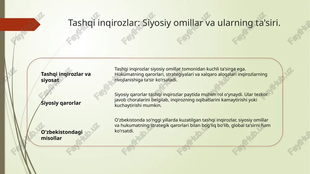 zgarishlarga ta'sirini kuchaytiradi. ular tashqi inqirozlar sharoitida jamoatchilik fikrini shakllantiradi. 3 global ta'sir - ijtimoiy dinamikalar global miqyosda aloqalarni kuchaytiradi. boshqa mamlakatlardagi inqirozlar, o'zbekistondagi ijtimoiy harakatlarga ta'sir ko'rsatishi mumkin. tahdidlarni baholashda ijtimoiy omillarning roli. 1 ijtimoiy omillar ijtimoiy omillar, masalan, iqtisodiy farovonlik, ta'lim darajasi va madaniy qadriyatlar, tahdidlarni baholashda muhim rol o'ynaydi. 2 ijtimoiy muhit ijtimoiy muhit tahdidlarning qabul qilinishi va baholanishiga ta'sir qiladi, chunki odamlarning fikri va hissiyotlari tahdidlarni qanchalik jiddiy qabul qilishini belgilaydi. 3 ijtimoiy harakatlar ijtimoiy harakatlar, masalan, protestlar yoki ijtimoiy harakatlar, tahdidlarni baholash jarayonida ko'plab ijtimoiy omillarni keltirib chiqarishi mumkin, bu esa vaziyatni yanada murakkablashtiradi. ijtimoiy harakatlar: tashqi inqirozlar va ularning natijalari. 1 ijtimoiy harakatlar ijtimoiy harakatlar, jamiyatdagi muammolarni hal qilish va o'zgarishlarni amalga oshirish uchun fuqarolar tomonidan olib boriladigan tashabbuslardir. 2 tashqi inqirozlar tashqi inqirozlar, davlatlararo munosabatlarni buzuvchi ijtimoiy, iqtisodiy yoki siyosiy omillar natijasida yuzaga keladigan keskin voqealardir. 3 ijtimoiy harakatlar natijalari ijtimoiy harakatlar, odatda, …