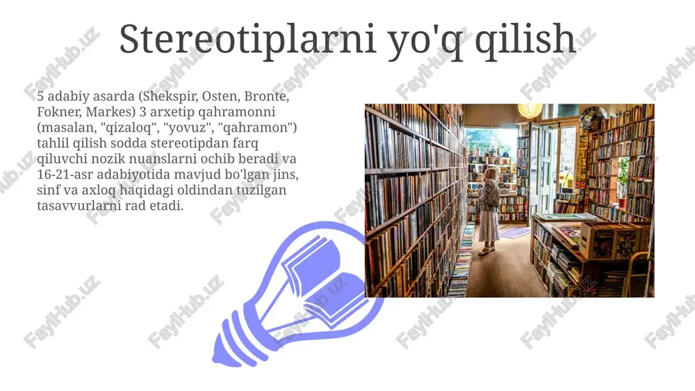 rqali namoyon bo'lishi; "buyuk getsbi"dagi jazz davri nyu-yorkida namoyish etilgan)ni farqlashni o'rganishlari kerak. xarakter ovozi tahlilida diksiya (masalan, rasmiy va norasmiy, eskirgan so'zlar), sintaksi (yosh, ma'lumot, 18-asr london muhiti aks etgan gap tuzilishi) va "mag'rurlik va xurofot" kabi asarlarda hikoyaga ta'sir etuvchi ohang (masxara, hursandchilik va h.k.)ni o'rganish zarur. xarakter ta'siri baholash qahramon ta'siri voqea rivojiga (kulminatsiya, yechim), boshqa qahramonlarning harakatlariga (qahramon, qarshi qahramon reaksiyalari) va tematik rivojlanishga (adolat, zulm, ijtimoiy normalar) ta'sirini o'rganishni talab qiladi darslar talabalarga qahramon xususiyatlarini (jasorat, qo'rqoqlik, sadoqat) aniqlash, matn dalillaridan foydalanib (to'g'ridan-to'g'ri va bilvosita tavsif, dialog, harakatlar) ularning tanlovlarini tahlil qilish va "buyuk getsbi" (f adabiy nazariyalarni obraz tahliliga qo'llash hamlet'dagi personaj motivatsiyasini (elsinor, daniya) freyd va yungning psixoanalitic nazariyasi orqali tahlil qilish; oedip kompleksini, ong ostidagi istaklarni va "men", "ego", "super ego" konfliktlarining hamletning harakatlariga va gertrud, klavdiy, ofelya bilan munosabatlariga ta'sirini o'rganish. 5 akt bo'yicha personajning rivojlanishini kuzatish. shekspirning "makbet"ida leydi makbet …