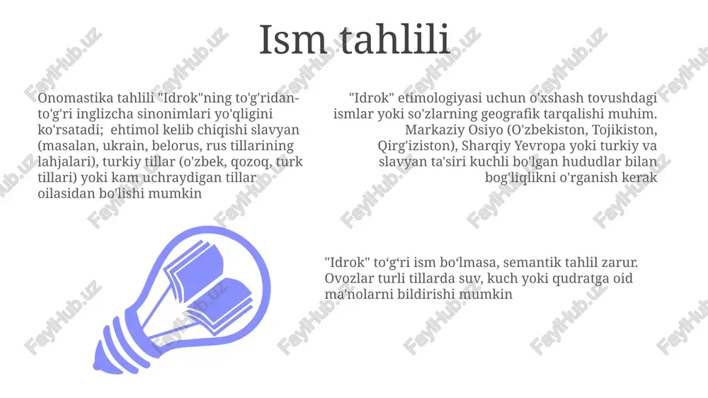 ivalenti yo'qligi "idrok"ning to'g'ri ism (shaxs nomi, joy nomi – o'rta osiyodagi shahar, viloyat va hokazo) bo'lishi mumkinligini ko'rsatadi. raqamli kontekst (sana, miqdor) yoki atrofdagi atamalar (qarindoshlik, kasb) ma'noni aniqlashtirishi mumkin. boshqa tillardagi fonetik o'xshashliklarni tekshirish kerak. semantik tahlil muhim; qarindosh tillardagi (masalan, fors, rus, turk) o'xshashlarning tekshirilishi zarur. sotsiolingvistik omillarni: hududiy shevalarni, madaniy ta'sirlarni hisobga olish kerak. so'zning korpusdagi (agar mavjud bo'lsa) chastotasi va atrofidagi 10 so'zlik radiusdagi so'zlar aniq ma'no topish uchun muhimdir. viloyat shevalari qarindosh tillar (masalan, fors, uyg'ur) orasidagi etimologik aloqalarni o'rganing. markaziy osiyo (ayniqsa) hududlarida o'xshash tovushlarga ega so'zlarni ma'lumotlar bazasida qidirish orqali qarindosh so'zlar yoki ma'no jihatidan yaqin so'zlarni topish mumkin. markaziy osiyo tillari bo'yicha mutaxassis (lingvist) bilan maslahatlashish tavsiya etiladi. "idrok"ning aniq tarjimasi yo'q; kontekst (masalan, o'zbekiston, tojikiston, turkiy/fors tillari oilasi) kerak. shaxs yoki joy nomi yoki o'ziga xos so'z bo'lishi mumkin. to'g'ri tarjima uchun lingvistik tahlil talab etiladi. matn kontekstiga qarang. samarqanddagi …