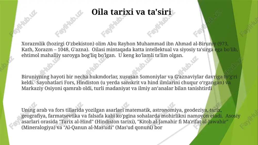 ohalarda 146 dan ortiq asar qoldirgan. "al-qonun al-mas'udiy"da qayd etilgan aniq astronomik kuzatmalari yerning aylanasi va samoviy mexanika tushunchalarini sezilarli darajada rivojlantirgan biruniyning "hind" asarida hind ilmi va falsafasini tahlil qilishdagi aniq metodologiyasi uning salohiyatli taqqoslash tadqiqotlarini namoyon etadi. bu kitob (taxminan 1030 yil) qadimgi hind matematikasi, astronomiyasi va ijtimoiy tuzilmalari haqida bebaho ma'lumotlarni taqdim etib, keyinchalik g'arb olimlariga ta'sir ko'rsatgan biruniyning uzoq muddatli ta'siri uning bilimga tanqidiy yondashuviga bog'liq. u sho'rolar an'analariga qarshi empirik kuzatish va madaniyatlararo tushunishni ta'kidlagan geodeziya va geografiya uning "taḥdīd nihāyāt al-amākin li-taṣḥīḥ masāfāt al-masākin" ("shaharlar koordinatalarini aniqlash") kabi geografik asarlari astronomik kuzatishlardan foydalanib, keng geografik hududlardagi ko'plab joylarning kenglik va uzunliklarini aniqlashda ilg'or kartografik texnikalarni namoyish etdi va keyinchalik geografik tadqiqotlarga ta'sir ko'rsatdi biruniyning hissasi turli hududlarni o'rganishga hamda keng islom olamidagi (markaziy osiyodan yaqin sharqgacha) ko'plab jamoalarning geografiyasi, madaniyati va urf-odatlarini hujjatlashtirishga ta'sir ko'rsatib, geografik bilimlarni uzatish va fanlararo tadqiqotlarga ta'sir ko'rsatdi biruniy …