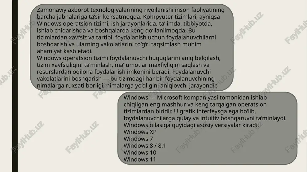 h, ko‘rish. write (yozish) – o‘zgartirish yoki yangi fayl yaratish. modify (tahrirlash) – faylni o‘zgartirish va o‘chirish. full control (to‘liq boshqaruv) – barcha huquqlarni o‘z ichiga oladi. vakolatlar security yorlig‘i orqali belgilanadi: right click → properties → security → edit 2. xavfsizlik siyosati (security policy) windowsda local security policy deb nomlangan maxsus vosita mavjud. u orqali tizimda quyidagi siyosatlar belgilanadi: parolning minimal uzunligi va murakkabligi. kirish cheklovlari. hisob bloklanish siyosati. audit (kuzatuv) siyosati. bular tizimning himoya darajasini oshirishda muhim rol o‘ynaydi foydalanuvchi vakolatlarini amaliy boshqarish korporativ yoki tarmoq muhiti uchun foydalanuvchi vakolatlarini markazlashtirilgan tarzda boshqarish zarur. bunda active directory xizmatidan foydalaniladi. 6.1. active directory (ad) active directory — bu microsoft tomonidan ishlab chiqilgan katalog xizmati bo‘lib, u butun tarmoqdagi foydalanuvchilar, kompyuterlar, printerlar va boshqa resurslarni yagona tizim orqali boshqarish imkonini beradi. 6.2. group policy (gpo) guruh siyosatlari (group policy) yordamida: foydalanuvchi interfeysini cheklash, dasturlarni o‘rnatishni taqiqlash, maxsus xavfsizlik sozlamalarini o‘rnatish …