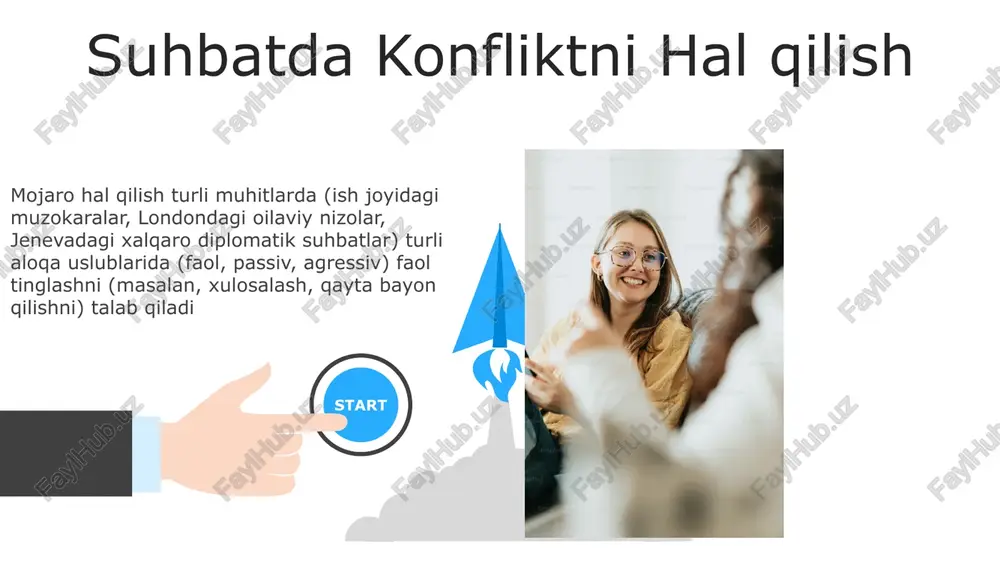 ish xonalarida mijozlar bilan professional muzokaralarga qadar – faol tinglash usullaridan foydalanib, kuchliroq munosabatlarni yaratadi. muloqotning 75%i og'zaki bo'lmagan. faol tinglash, samarali muloqot uchun juda muhim boʻlib, 100% eʼtibor, ogʻzaki boʻlmagan ishoralar (bosh irgʻash, koʻzga qarash) va hamdardona javoblarni oʻz ichiga oladi; masalan, "springfilddagi dmvda 3 soat kutishingizga tushunaman" kabi his-tuygʻularni aks ettirish. suhbat va munosabatlar munosabat sifati suhbat tezligi va chuqurligi bilan bog'liq; tez-tez mazmunli suhbatlar (parijdagi 200 juftlikni o'rganishda haftada kamida 3 marta) munosabatlardagi qoniqishning oshishiga (baxtning 80% o'sishi kuzatildi) va mojarolarni kamayishiga (kamroq muloqotga nisbatan 50% kamayish kuzatildi) olib keladi. 06 05 04 suhbat turlari 01 02 londondagi ziyofatda bo'lib o'tgan salomlashish, parijdagi ob-havo, uimbldon tennisi bo'yicha fikrlar va yangi iphone 15 haqidagi yuzaki fikrlarni o'z ichiga olgan 2-3 daqiqalik suhbatlar. bahsli bo'lmagan mavzularda yuzaki muloqot. samimiy suhbatlar (masalan, rimda turmush oʻrtoqlarning munosabatlarining kelajagi haqida 30-60 daqiqalik samimiy suhbat; nyu-yorkda bolalik travmalari bilan bogʻliq chuqur shaxsiy tuygʻular …