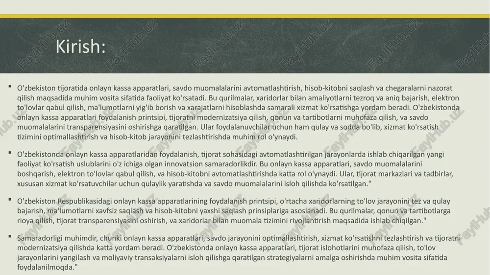 lashtirish va elektron hisob-kitobni olib borishda ishlaydigan texnik qurilma boʻlib, quyidagi bosqichlarda ishlaydi: xaridor ma'lumoti: xaridor savdo jarayonida mahsulot yoki xizmatni sotib olish uchun onlayn kassa apparatiga yana bir oʻrnatilgan qurilma yoki elektron qurilmadan foydalangan holda xaridorning ma'lumotlarini roʻyxatdan oʻtiradi. xaridorning tanlangan mahsuloti yoki xizmati: xaridor tanlagan mahsulot yoki xizmatni onlayn kassa apparatida tanlab, savdo muomalasini boshlaydi. u xaridorning tanlagan buyurtma va toʻlov maʼlumotlarini kiritadi. toʻlov amaliyoti: xaridor savdo tugallanganida, onlayn kassa apparati toʻlovni qabul qilib, xaridor toʻlovni oʻtqazadi. elektron toʻlov usullari, masalan, plastik kartalar yoki boshqa elektron toʻlov vositalari orqali ham qabul qilinadi. ma'lumotlarni toʻlash va hisob-kitobni olib borish: onlayn kassa apparati, savdo muomalalarini boshqarish jarayonida xaridorning ma'lumotlarini oʻlchaydi va xaridorning toʻlovi amalga oshirilgach, bu maʼlumotlarni avtomatik ravishda hisob-kitob tizimiga oʻtkazadi. bu jarayonda xaridor toʻlovi aniq maʼlumotlar bilan hisob-kitob jarayonidan oʻtadi. chek berish: onlayn kassa apparati savdo muomalalarining oxirida elektron chek tuzadi. bu chekda savdo muomalalari, xaridorning ma'lumotlari, sotilgan …