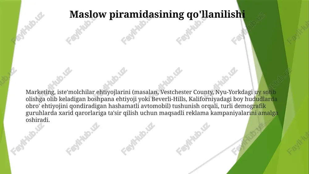 axsiyat xususiyatlari va h.k maslow piramidasi (fiziologik, xavfsizlik, muhabbat/mansublik, hurmat, o'z-o'zini anglash) empirik asosga ega emas; ehtiyojlar har doim ketma-ket qondirilmaydi; madaniy farqlar (masalan, yaponiya va aqsh) uning universalligini shubha ostiga qo'yadi; ijtimoiy-iqtisodiy omillar (masalan, saxara janubidagi afrika) inobatga olinmagan. o'z-o'zini amalga oshirish ehtiyojlari o'z-o'zini anglash, maslouning 5-darajasi, insonning to'liq potensialining ro'yobga chiqishini (masalan, albert eynshteynning nazariy fizika sohasidagi hissasi, ona terezaning hindistonning kalkutta shahridagi gumanitar faoliyati) anglatadi. ushbu darajani kuchli quvonch, qoniqish va yuksalish lahzalari bo'lgan cho'qqilar xarakterlaydi o'z-o'zini anglashdan avval 1-4 ehtiyojlar (fiziologik, xavfsizlik, sevgi/mansublik, hurmat) qondirilishi kerak. fiziologik ehtiyojlar (ovqat, suv, boshpana) asosiydir; xavfsizlik ehtiyojlari (xavfsizlik, barqarorlik, qo'rquvdan ozodlik) keyin keladi. sevgi/mansublik ijtimoiy aloqalarni (oila, do'stlar, masalan, kichik qishloqdagi jamoa) o'z ichiga oladi maslow tadqiqotiga ko'ra, aholi taxminan 1%i o'z-o'zini anglashga erishadi. bunga ijtimoiy bosim (moslashuvchanlik, moddiy qadriyatlar), muvaffaqiyatsizlik qo'rquvi va qoniqmagan past darajadagi ehtiyojlar to'sqinlik qiladi, bu turli geografik joylarda hayotning turli jihatlarida shaxsiy o'sish va …