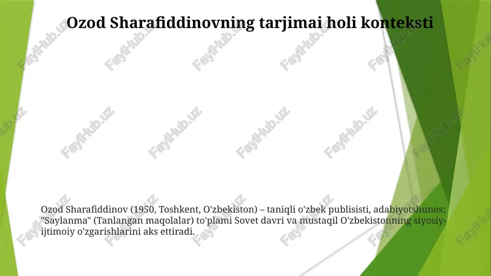 tlarning chuqur tahlili va talqini orqali o'zbek milliy o'zligini murakkab shakllanishini yoritadi. u soddalashtirilgan tasavvurlarga qarshi chiqib, o'zbek millatining ichidagi fikr va tajribalarning xilma-xilligini ko'rsatadi "saylanma" to'plami o'zbek milliy o'zligini va tashqi ta'sirlar – rus, sovet va global – o'zaro ta'sirini, millatchilik, modernizatsiya va madaniy merosni saqlashga bo'lgan qarashlarning evolyutsiyasini yoritadi ozod sharafiddinovning "saylanma"si 20-asr o'zbek milliy o'zligini shakllanishida muhim ma'lumotlarni beradi, markaziy osiyo, ayniqsa, sovetdan keyingi o'zbekistondagi ijtimoiy-siyosiy o'zgarishlarni tahlil qiladi e'tiboringiz uchun rahmat @taqdimot_robot