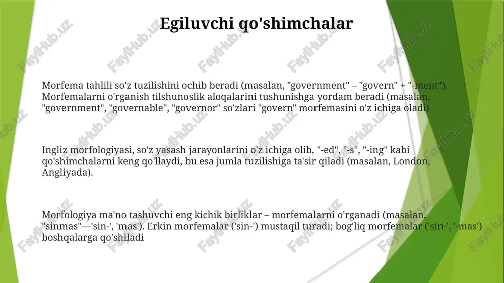 ingliz, ispan (masalan, "desarrollar"dagi des-) va nemis (masalan, "unmöglich"dagi un-) tillarida ma'noni sezilarli darajada o'zgartiradi morfologiya — tilshunoslikning asosiy sohasi bo'lib, turli tillardagi (masalan, indo-evropa, xitoy-tibet) so'z yasalishi, ya'ni ma'no birliklari (morfemalar)ni (masalan, "sinmas"— sin-, mas— ikki morfema) o'rganadi. qo'shimchalar (prefikslar, sufikslar, infikslar) asos/ildiz bilan qo'shiladi (masalan, "o'qi-" "o'quvchi"da). morfemalar mustaqil (masalan, "mushuk", "it") va bog'liq (qo'shimchalar, masalan, "-gan" "kuylab" da) bo'ladi. turlari: asos (asosiy ma'no), yasovchi (so'z turini/ma'nosini o'zgartiruvchi), o'zgartirish (grammatik vazifa, masalan, "-di" o'tgan zamon, "-lar" ko'plik; ispanchada "-a" ayollik birlik) erkin va bog'liq morfemalar erkin morfemalar (masalan, "mushuk", "it", "yugur", "katta") mustaqil funksiya bajaradi; bog'liq morfemalar (masalan, "-lar", "-gan", "oldin-", "no-") erkin morfemalarga birikishi shart prefikslar ("pre-game"), sufikslar ("government-al"), infikslar (inglizchada kam, tagalogchada ko'p) va sirkumfikslar (masalan, nemischa "ge-spiel-t") kabi qo'shimchalar murakkab so'zlarni hosil qiladi va turli geografik joylardagi kontekstlarda so'z ma'nosi va funksiyasiga ta'sir qiladi; "de-construction"ni "construction" bilan taqqoslash bog'langan morfemalarning ta'sirini ko'rsatadi. morfemalar (masalan, "qayta-" …