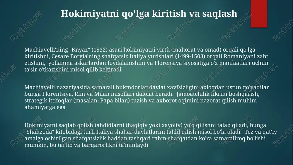 iladi. cesare borgia (1475-1507) va boshqa italiyalik knyazlarni misol qilib keltirib, florensiya va rim kabi hududlardagi muvaffaqiyatlari va muvaffaqiyatsizliklarini tahlil qiladi kuchli armiya saqlash muhim; shahzoda urush san'atida, shaxsan yoki qobiliyatli qo'mondonlar orqali, yetuk bo'lishi kerak. maxiavelli fuqarolik armiyasini yolliqchilarga ustun qo'yadi, florensiya yoki rim legionarlarining sodiqligi va samaradorligini xorijiy kuchlarga qarshi ta'kidlaydi machiavelli fikricha, samarali hukmdorlar fazilatli ko'rinishi, lekin o'z manfaatlari yo'lida pragmatik harakat qilishi kerak. buning uchun inson tabiatini tushunish va uni mohirlik bilan boshqarish zarur zo'rlash va aldash maxiavellining "hokim" (1532) asari har qanday vosita, jumladan zo'rlik (harbiy strategiyalar, florentin respublikasi konteksti) va aldov (manipulyatsiya, hiyla-nayrang; italiyadagi chezare bordjya misoli) orqali hokimiyatni qo'lga kiritish va saqlashni targ'ib qiladi. strategik ittifoqlar va hisoblangan xiyonatlar asosiy; "zarurat" axloqdan qat'iy nazar harakatlarni oqlaydi; siyosiy omon qolish uchun (masalan, turli italiya shahar-davlatlarini bosib olish) pragmatik harakat qilib, fazilatli ko'rinishga e'tibor qaratish. virtu (mahorat va moslashuvchanlik) va fortuna (taqdir)ga urg'u; shahzoda taqdirni …