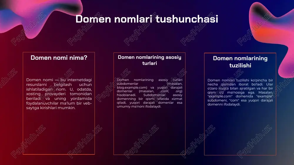 udlaridagi raqobat kuchayishi, domen nomlari bozorida qiyinchiliklar keltirishi mumkin. boshqa xizmatlar va raqobatchilar, foydalanuvchilarni o'zlariga jalb qilish uchun kuchli strategiyalarni amalga oshirishlari mumkin. s o w t domen nomlarining kelajagi o'zgarishlar va tendensiyalar kelajakda domen nomlari o'zgarishlarga uchraydi, bu esa raqobat va innovatsiyalarni oshiradi. yangi texnologiyalar va internetning kengayishi natijasida domen nomlariga talab ortadi. yangi domen kengaytmalari yangi domen kengaytmalari, masalan, .app, .blog, va .shop kabi kengaytmalar, biznes va individual foydalanuvchilarga o'z brendini yaxshiroq ifodalash imkonini beradi. bunday kengaytmalar internetda ko'proq tanlov va moslashuvchanlik yaratadi. internet va domenlar internetning rivojlanishi domen nomlarining ahamiyatini oshiradi, chunki ko'proq foydalanuvchilar onlayn bo'lib, yangi xizmatlar va platformalar yaratilmoqda. domen nomlari internetdagi mavjudlik va brendning tanilishi uchun muhim rol o'ynaydi. ochiq tarmoq hududlari turlari ochiq tarmoq hududlari ta'rifi ochiq tarmoq hududlari, keng jamoatchilikka ochiq bo'lgan va resurslarga kirish imkonini beruvchi tarmoqlardir. ular global va mahalliy darajada xizmatlar, ma'lumotlar almashishi va hamkorlik imkoniyatlarini taqdim etadi. bunday …