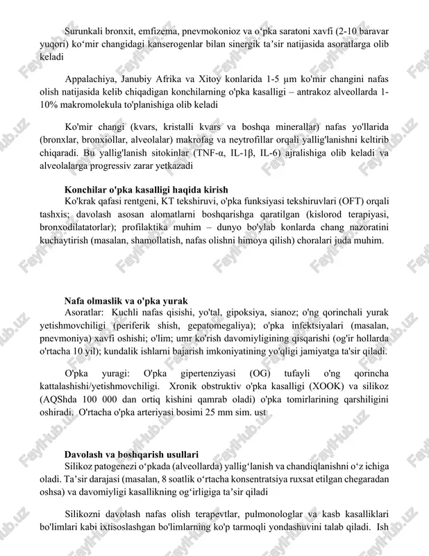 ri) koʻmir changidagi kanserogenlar bilan sinergik taʼsir natijasida asoratlarga olib keladi appalachiya, janubiy afrika va xitoy konlarida 1-5 µm ko'mir changini nafas olish natijasida kelib chiqadigan konchilarning o'pka kasalligi – antrakoz alveollarda 1-10% makromolekula to'planishiga olib keladi ko'mir changi (kvars, kristalli kvars va boshqa minerallar) nafas yo'llarida (bronxlar, bronxiollar, alveolalar) makrofag va neytrofillar orqali yallig'lanishni keltirib chiqaradi. bu yallig'lanish sitokinlar (tnf-α, il-1β, il-6) ajralishiga olib keladi va alveolalarga progressiv zarar yetkazadi konchilar o'pka kasalligi haqida kirish ko'krak qafasi rentgeni, kt tekshiruvi, o'pka funksiyasi tekshiruvlari (oft) orqali tashxis; davolash asosan alomatlarni boshqarishga qaratilgan (kislorod terapiyasi, bronxodilatatorlar); profilaktika muhim – dunyo bo'ylab konlarda chang nazoratini kuchaytirish (masalan, shamollatish, nafas olishni himoya qilish) choralari juda muhim. nafa olmaslik va o'pka yurak asoratlar: kuchli nafas qisishi, yo'tal, gipoksiya, sianoz; o'ng qorinchali yurak yetishmovchiligi (periferik shish, gepatomegaliya); o'pka infektsiyalari (masalan, pnevmoniya) xavfi oshishi; o'lim; umr ko'rish davomiyligining qisqarishi (og'ir hollarda o'rtacha 10 yil); kundalik ishlarni …