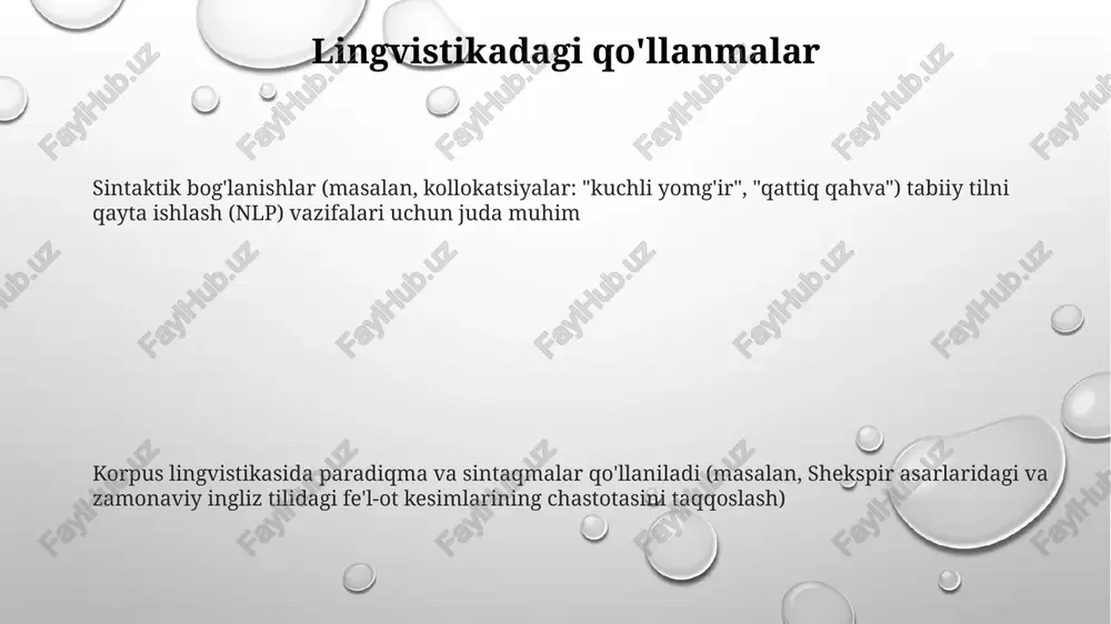 a birgalikdagi mavjudligi (masalan, inglizcha jumlalardagi subyekt-fe'l-obyekt) sintagmatik munosabatlarni ifodalaydi. paradigmatik munosabatlar esa potentsial almashinishlarni (masalan, "it"ni "mushuk" yoki "to'p"ni "frizbi" bilan almashtirish) o'rganadi. ma'no ikkalasidan ham kelib chiqadi. sintagmatik munosabatlar: ta'rif va misollar ma'no ketma-ketlik (sintagmatik) va almashtirish imkoniyatlari (paradigmatik) o'zaro ta'siridan kelib chiqadi so'zlarning ketma-ketligi ma'noni o'zgartiradi; masalan, "it itni tishladi" va "it odamni tishladi". paradigmatik munosabatlar: gapdagi aniq oʻrinda til birliklari (ot, feʼl, sifat) orasidan tanlov; masalan, yuqoridagi gapda "it" soʻzini "mushuk", "qush" yoki "sher" soʻzlari bilan almashtirish e'tiboringiz uchun rahmat @taqdimot_robot image1.png image2.png image3.png