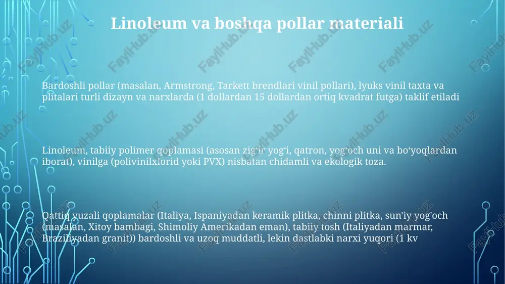 oki xlor kabi zararli kimyoviy moddalardan saqlaning. yuqori harakatlanishli joylar maxsus polimerli pol tozalovchi vositalaridan foydalanib tez-tez tozalashni talab qilishi mumkin linoleum tarixi 20-asr boshlarida linoleum naqshlari, koʻpincha geometrik yoki gulli boʻlib, oʻsha davr dizayn estetikasini aks ettirgan. masalan, 1920 va 1930-yillarda art deco uslubidagi naqshlar yorqin ranglar va stilize qilingan shakllar bilan ajralib turgan 1860-yillarda frederik uolton tomonidan angliyada ixtiro qilingan linoleum oksidlangan zigʻir yogʻi, qatron, boʻyoqlar va mantar changidan tayyorlangan, bardoshli va suv oʻtkazmaydigan pollar qoplamasi edi zaytun yog'ining polimerlanishi linoleum tuzilmasini hosil qiladi. bu jarayon uning mustahkamligi va egiluvchanligi uchun muhim bo'lib, yog'dagi to'yinmagan yog' kislotalarning reaksiyasini o'z ichiga oladi. zamonaviy linoleum yaxshilangan xususiyatlar uchun boshqa polimerlarni o'z ichiga olishi mumkin, ammo asosiy printsip o'zgarmaydi ishlab chiqarish jarayoni linoleum tarkibi: 70-80% tabiiy materiallar (zigʻir yogʻi, mantar changi, yogʻoch un, boʻyoqlar) va 20-30% sintetik bogʻlovchi moddalar (masalan, sintetik smolalar). zamonaviy linoleum koʻpincha qayta ishlangan materiallarni oʻz ichiga oladi …