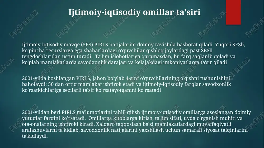 beradi va jahon miqyosida ta'lim siyosatiga ta'sir qiladi 2001-yildan beri pirls kengayib, raqamli savodxonlik jihatlarini o'z ichiga oldi va turli kontekstlarda (masalan, ijtimoiy-iqtisodiy holat, shahar/qishloq joylashuvi) o'quvchilarning o'qish natijalarini baholadi ta'lim siyosati va amaliyotiga ta'sir pirls metodologiyasi (standart baholash, namunaviy usullar) milliy test strategiyasiga ta'sir qiladi; natijalar moliyalashtirish qarorlariga (masalan, aqshda 2016 yildagi past pirls ballaridan keyin erta o'qishga aralashuvlar uchun byudjet ajratmalarining ko'payishi) ta'sir qilib, jahon bo'ylab sinf amaliyotlariga ta'sir ko'rsatadi. pirls, 1991-yilda iea tomonidan boshlangan, 60 dan ortiq mamlakatlarda 4-sinf o'quvchilarining o'qish savodxonligini baholaydi; ma'lumotlar o'quv dasturi, o'qituvchilarni tayyorlash (masalan, ba'zi mamlakatlarda pirls'dan keyin fonetika ta'kidlanishi) va global miqyosda ta'lim siyosatiga ta'sir ko'rsatuvchi resurslarni taqsimlashga xizmat qiladi. metodika va baholash mexanizmi timss va pirls umumiy dizaynga ega; ma'lumot yig'ish standartlashtirilgan testlar, o'quvchilar, o'qituvchilar va maktab direktorlari uchun so'roqnomalar orqali ishtirokchi davlatlar (masalan, aqsh, xitoy, germaniya) bo'yicha amalga oshiriladi; natijalar xalqaro miqyosda ta'lim siyosati qarorlarini shakllantirishga xizmat qiladi. 1991-yilda …