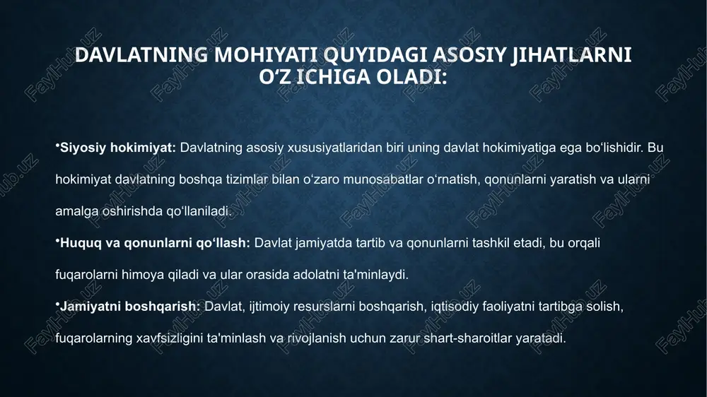 ya: savdo-sotiq siyosatini yuritish tashqi investitsiyalarni jalb qilish xalqaro shartnomalar va bitimlarni imzolash davlat jamiyatning ijtimoiy, siyosiy, iqtisodiy va madaniy tizimini boshqaruvchi asosiy organ bo‘lib, uning mohiyati jamiyatda barqarorlik va adolatni ta'minlashga qaratilgan. davlatning funksiyalari esa uning mohiyatini amalga oshirishga xizmat qiladi, bu orqali davlat o‘z fuqarolarining farovonligini, xavfsizligini va erkinligini ta'minlaydi. xulosa image2.png /docprops/thumbnail.jpeg