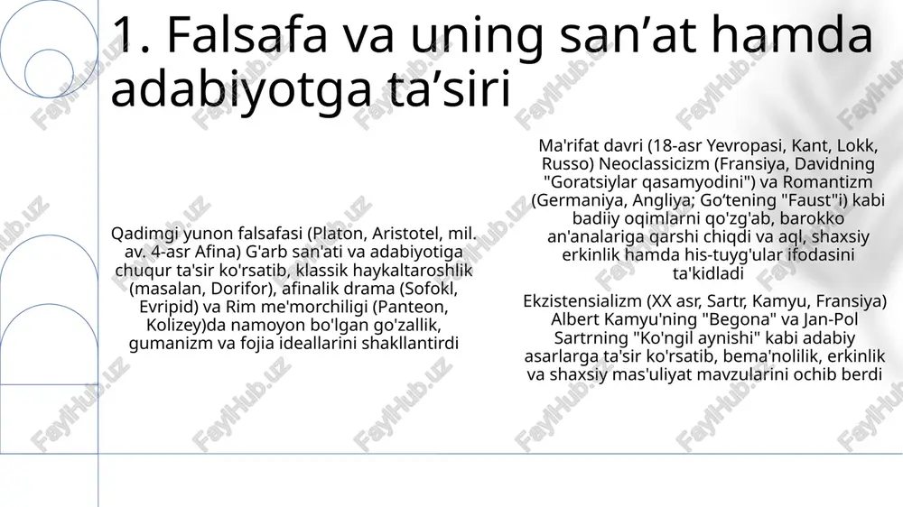 da taraqqiyotga olib keldi uyg'onish davri italiyadan tashqariga, shimoliy yevropaga (masalan, niderlandiya, angliya, fransiya) tarqalib, badiiy uslublarga (masalan, shimoliy uyg'onish san'ati), diniy islohotlarga (martin lyuterning 95 tezisida papa hokimiyatiga qarshi chiqishi) va milliy o'zlikni shakllantirishga ta'sir ko'rsatdi 5. uyg'onish davri: gumanizm va klassik fikrlarning qayta tiklanishi skolastika (xi-xvii asrlar), aristotel falsafasini (mantiq, metafizika) nasroniy teologiyasi (avgustin, akvinalik tomas) bilan birlashtirib, yevropa universitetlarida (parij, oksford, boloniya) hukmronlik qilgan. asosiy shaxslar: tomas akvinalikning "summa theologica"si, imon (ilohiy vahiy) va aql (empirik kuzatish)ni yarashtirgan yuqori o'rta asrlar (1000-1300 yillar) skolastika fikrining gullab-yashnashi davri bo'ldi. asosiy tushunchalar: tabiiy huquq, xudoning mavjudligiga kosmologik dalillar, besh yo'l (aquin), universallar muammosi (realizm va nominalizm). kanon huquqi, siyosiy nazariya (masalan, adolatli urush nazariyasi) va ta'lim (etti erkin san'at)ga ta'siri. g'arbiy tsivilizatsiyaga ta'siri: zamonaviy universitetlarning poydevori, ilmiy metod (rojer bekonning kuzatishga urg'usi), huquqiy tizimlarning rivojlanishi va axloq, siyosiy falsafa (jon dans skotus)ga hamda bugungi kungacha davom etayotgan ilohiy munozaralarga …