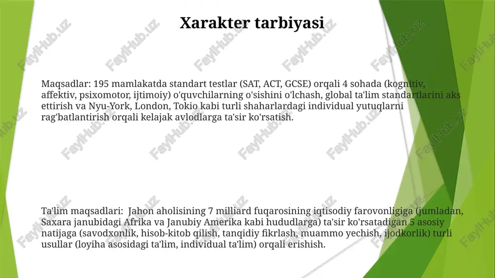nflarda aktni qo'llash, dasturlash ta'limi) muammo yechish qobiliyati: 21-asrning muhim ko'nikmasi; mantiqiy fikrlash, tahliliy tafakkur (blum taksonomiyasi 4-6 darajalari), turli kontekstlarda qo'llanilishi (masalan, stem sohalari, ijtimoiy fanlar). malaka oshirish amaliy loyihalar, keys-stadiyalar, haqiqiy muammolarni simulyatsiya qilish (masalan, stenford d.school'ning dizayn fikrlash metodologiyasi) orqali amalga oshiriladi. iqtisodiy imkoniyatlar maqsad: 2040-yilga qadar saxara janubidagi afrikada savodxonlik darajasini 90% ga yetkazish janubiy-sharqiy osiyoda 2035-yilga qadar yaimni ta'limga asoslangan innovatsiya va tadbirkorlik orqali 5% ga oshirish 2030-yilga qadar hindistonning bihar va andhra pradesh kabi qishloq hududlarida qishloq xo'jaligi, sanoat va xizmat ko'rsatish sohalarida ayollar ishtirokini 70% ga oshirish maqsadida kasb-hunar ta'limi va mikro moliya dasturlari orqali 200 000 malakali ishchi tayyorlash rejalashtirilgan. ko'nikma rivojlanishi maqsadlar: turli fanlardan (matematika, adabiyot, fan) kognitiv rivojlanishni (tanqidiy fikrlash, muammo yechish ko'nikmalari) ta'minlash, turli geografik joylarda (shahar, qishloq, xalqaro muhit) ijodkorlik va innovatsiyani rivojlantirish. x universitetida bitiruvchilar sonining oshishi (85%) maqsadga erishilganligini ko'rsatadi. maqsadlar: boshlang'ich ta'limda (1-5-sinflar) o'qish savodxonligini …