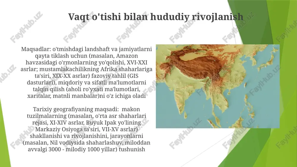 dagi nyu-york shahrining demografik ko'rsatkichlari) vizual manbalarni talqin qilish kabi sifatli usullarni (masalan, kanalettoning 18-asr venesiya rasmlari) to'ldiradi tarixiy shahar geografiyasi shaharlardagi fazoviy o'zgarishlarni vaqt o'tishi bilan tahlil qiladi, aholining zichligi (masalan, rim londonining milodiy i asrdagi o'sishi), infratuzilma (masalan, xix asr parijining kanalizatsiya tizimi) va ijtimoiy-iqtisodiy tuzilmalar (masalan, sanoat manchesterining sinfiy farqlari) kabi omillarni o'rganadi tarixda muhitning o'rni migratsiya va joylashuv naqshlari 1840-yillardagi irlandiya (kartoshka ochlig'i)dan shimoliy amerikaga (1,5 million) va avstraliyaga (260 ming) bo'lgan migratsiya naqshlari "itaradigan" va "tortadigan" omillarni ochib beradi: ocharchilik, yer tanqisligi, diniy ta'qiblar muhojirlikka sabab bo'lgan; imkoniyatlar (iqtisodiy, yer egaligi) esa muhojirlarni jalb qilgan amerikaning g'arbida (1840-1900) aholi punktlari joylashuvi atrof-muhit (suv, shudgor yer mavjudligi) va inson omili (1862 yilgi yer egalari akti, transkontinental temir yo'l) o'rtasidagi o'zaro ta'sirni ko'rsatadi imperiyalar geografiyasi tarixiy voqealarni fazoviy tushunish tarixiy geografiya voqealarning geografik tarqalishini tahlil qiladi, masalan, xix asrdagi buyuk britaniya imperiyasining afrika, osiyo va shimoliy amerikaga …