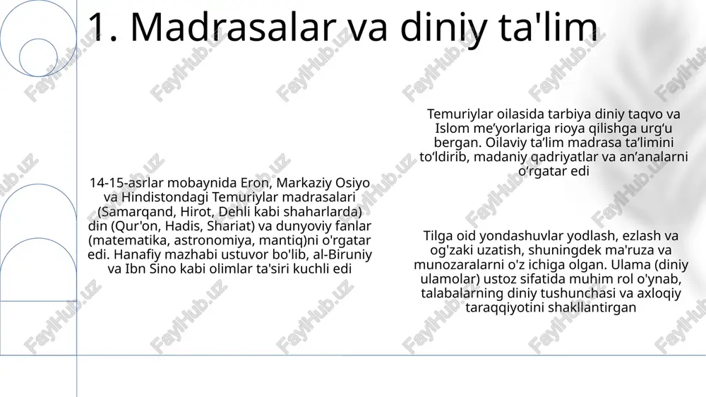 tubxonalarni tashkil etishni oʻz ichiga olgan. bu muassasalar ilmiy tadqiqotlarni rivojlantirgan va kuzatish hamda tajribani oʻquv dasturiga qoʻshib, pedagogik yondashuvga taʼsir koʻrsatgan timuriylar pedagogikasi (xiv-xv asrlar) samarqand, hirot va boshqa yirik shaharlardagi madrasalarda diniy ta'lim (qur'on, hadis)ga urg'u berdi; dasturga islom huquqi (fiqh), ilohiyot (kalom) va arab grammatikasi kirdi 5. pedagogik yondashuvlar va dastur e'tiboringiz uchun rahmat @taqdimot_robot image1.png image2.png image3.png image4.png image5.png image6.png