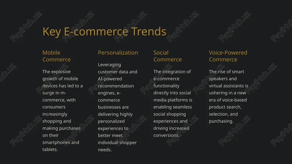 buy products anytime, anywhere, leading to increased convenience and impulse purchases. m-commerce offers businesses the opportunity to reach customers on the go, providing a personalized and streamlined shopping experience. by optimizing websites and apps for mobile, companies can improve conversion rates and drive higher revenue through mobile channels. 8 payment processing and security secure payment gateways leverage reputable payment gateways that employ advanced encryption and fraud prevention measures to protect customer data and transactions. pci compliance ensure your e-commerce platform is pci dss compliant to meet industry standards for safeguarding sensitive cardholder information. transparent checkout provide customers with a seamless, user-friendly checkout process that clearly communicates payment options, security measures, and order details. fraud monitoring implement robust fraud detection systems to identify and mitigate suspicious activities, protecting both your business and your customers. 9 analyzing e-commerce data and metrics unlocking the power of data is crucial for e-commerce businesses to …