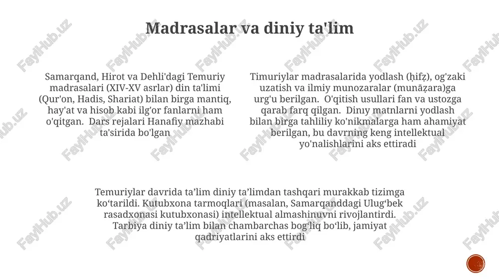 malar (xattotlik, astronomiya)ga urg'u bergan. yodlash, takrorlash va og'zaki an'anaga, shuningdek, ulamolar tomonidan individual ta'limga ahamiyat berilgan. islom an'analarining (madrasa tizimi) va mavjud mahalliy pedagogik usullarining uyg'unligi ta'lim amaliyotlarida aks etgan. din ta'limiga alohida e'tibor qaratilgan bo'lib, axloqiy xulq-atvor va ijtimoiy xulq-atvorni shakllantirgan temur va shohrux kabi temuriylar hukmdorlari keng imperiyalarida (fors, markaziy osiyo va hindistonning ayrim qismlari) ko'plab madrasalar va kutubxonalar qurish orqali ta'lim muassasalariga katta mablag' sarflashgan. bu homiylik turli jamoalar orasida intellektual faoliyatni va bilim tarqalishini qo'llab-quvvatlagan e'tiboringiz uchun rahmat @taqdimot_robot image1.png image2.png image3.png image4.png image5.png image6.png