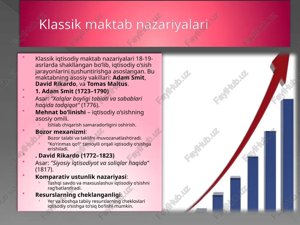 sishning uzoq muddatli omillarini tushuntirishda asosiy rol o‘ynaydi. u texnologiyalarning ahamiyatini ko‘rsatib, zamonaviy iqtisodiyotning rivojlanish strategiyalariga ta’sir ko‘rsatgan. neoklassik nazariyaning muhim omillari: innovatsion nazariya innovatsion nazariya iqtisodiy o‘sishning asosiy harakatlantiruvchi kuchi sifatida innovatsiyalarni ko‘rsatadi. ushbu nazariya birinchi bo‘lib yozef shumpeter tomonidan ilgari surilgan va u zamonaviy iqtisodiy rivojlanishning asosiy tamoyillaridan biri hisoblanadi. 1. yozef shumpeter (1883–1950) asar: "iqtisodiy rivojlanish nazariyasi" (1911). innovatsiyalar iqtisodiyotda ijodiy vayronagarchilik jarayonini keltirib chiqaradi: eskirgan texnologiyalarni va ish usullarini yangi innovatsiyalar almashtiradi. bu jarayon iqtisodiy o‘sishga turtki beradi. 2. innovatsiyalar tushunchasi innovatsiya – yangi mahsulotlar, xizmatlar, texnologiyalar yoki ishlab chiqarish usullarining iqtisodiyotga tatbiq qilinishidir. shumpeter innovatsiyalarni besh turga ajratgan: yangi mahsulotlarning ishlab chiqarilishi. yangi ishlab chiqarish usullarining joriy qilinishi. yangi bozorlarga kirish. yangi xomashyo manbalaridan foydalanish. ishlab chiqarish va savdo sohasidagi o‘zgarishlar. innovatsion jarayonlar va tadbirkorlik tadbirkorlik innovatsiyalarni hayotga tatbiq qiluvchi asosiy kuch sifatida qaraladi. tadbirkorlar yangi texnologiyalarni kiritish orqali iqtisodiyotda muhim o‘zgarishlarni amalga oshiradi. innovatsion …