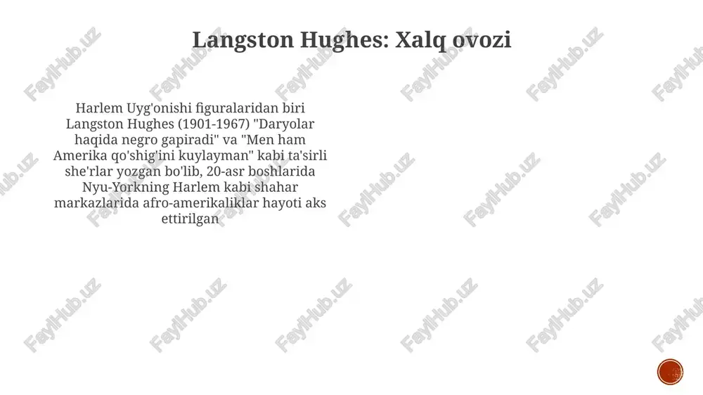 tib, urushgachagi abolotsionist adabiyoti va og'zaki an'analarni aks ettirgan; shunga o'xshab, u.e.b. dyuboyning "qora xalqning jonlari" (1903) amerika janubidagi rekonstruksiyadan keyingi irqiy keskinliklar bilan shug'ullanib, sotsiologik va falsafiy munozaralarga tayangan. richard rayt: realizm va afro-amerikalik tajriba ralf ellison (1914-1994), "ko'rinmas odam" (1952) romanining muallifi, irq munosabatlarining murakkabligi haqida yozgan. richard rayt (1908-1960), harlem uyg'onishi namoyandasi, "tug'ma o'g'il" (1940) kabi romanlarini yozgan bo'lib, 1930-yillardagi chikagodagi qora tanlilar hayotidagi shafqatsizliklarni, realizm va ijtimoiy adolatsizlikni aks ettirgan langston hughes (1901-1967) adabiyotning yana bir ulugʻ zotsi sheʼr, pyesa va romanlar orqali koʻp qirrali afro-amerikalik tajribani oʻrgandi. uning, koʻpincha nyu-yorkning harlem shahrida sodir boʻlgan sheʼrlari jazz davri va undan keyingi davrlarda qora tanlilar hayotining jonliligi va kurashini aks ettirdi e'tiboringiz uchun rahmat @taqdimot_robot image1.png image2.png image3.png image4.png image5.png image6.png