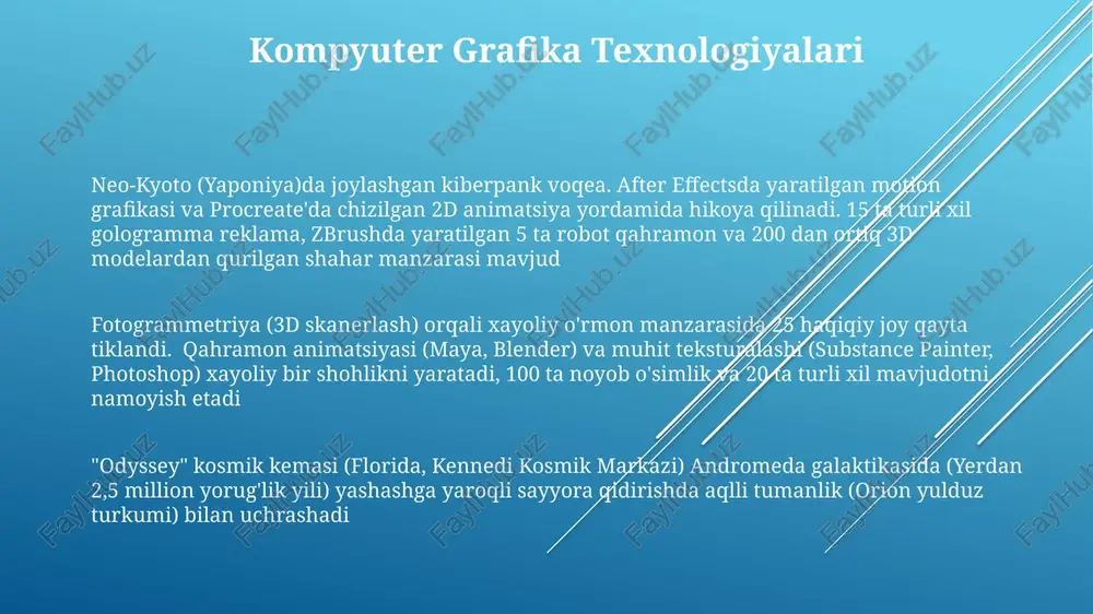 lning qochish rejasini tasvirlaydigan rasmi (3 yashirin ilova), romantik syujet. hikoyangizning yoyini belgilab olish maya (12) pragadagi zulmli yetimxonadan qochib, karpatov tog'laridagi afsonaviy shifokorga 2000 km yo'l yuradi. voqea uch qismdan iborat: qochish, sayohat, davolanish. suratlar pragadagi shahar vayronalari va karpatovning go'zal tabiatini taqqoslab, qorong'i va kontrastli bo'ladi fotografiya vizual hikoya salemdagi tashlab ketilgan viktoriya davri qasrini 10-15 ta fotosuratda turli xil kadrlar (keng, o'rta, yaqin) yordamida hikoya qilish (ekspozitsiya, kulminatsiyagacha bo'lgan voqea, kulminatsiya, kulminatsiyadan keyingi voqea, yakun) orqali fotosuratning vizual hikoya qilish kuchini namoyish etish. qizil qalpoqcha (kompyuter grafikasi, qorong'u o'rmon, qon izlari, 9 panelli sahifa, 3 sahifa): bo'ri bilan buvisining uyidan qochish. bolani sehrli o'rmondan (kompyuter grafikasi daraxtlari, sehrli mavjudotlar) o'tayotgan 60 sekundlik video lavha: sehrli olamga kirish eshigini topish, qiyinchiliklar, sehrli mavjudotlar, achchiq troll bilan yakuniy jang. qahramonlar va muhitni yaratish qo'g'irchoq animatsiyasi: dustbowl, arizona shahridagi xayoliy cho'l shaharchasidan turli xarakterdagi (introvert, extrovert, optimist, pessimist) 50 ta …