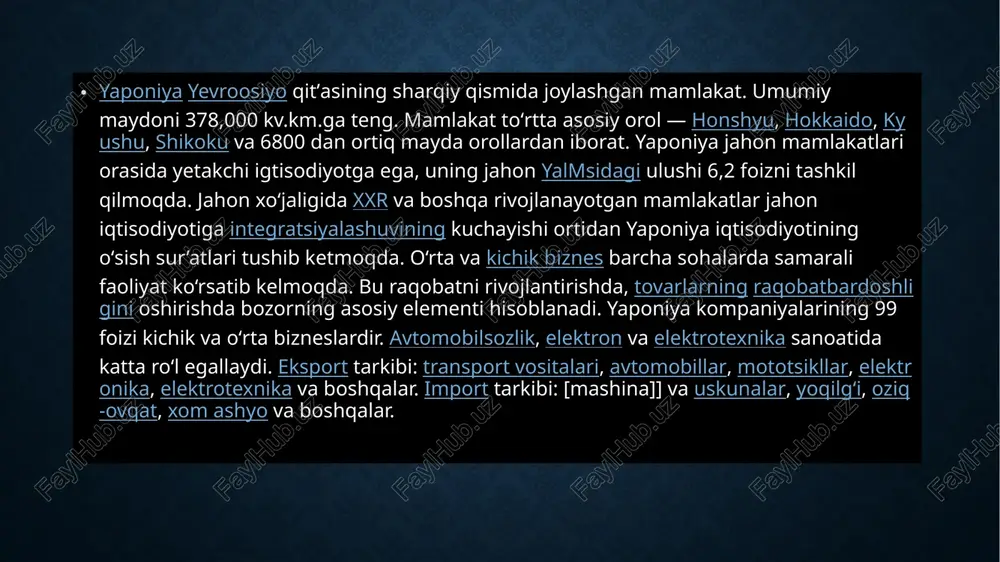 ynadi. bu davr iqtisodiyotning mehnat va kapital sig’imi yuqori bo’lgan tarmoqlarini rivojlantirishga urinish bilan ham tavsiflanadi. urushdan keyin iqtisodiy rivojlanish mineral-xom ashyo resurslariga past narxlar belgilanishi sharoitida yuz bera boshladi. quyidagi 1.2-diagrammada yaponiyaning 1981-yildan 2012-yilgacha13 bo’lgan vaqt oralig’i uchun yillik o’rtacha o’sish darajasi taqqoslangan. 2008-2012-yillar oralig’ida bu ko’rsatkich manfiy darajada bo’lib, 2000-yildan 2012-yilgacha davrda o’rtacha o’sish sur’ati 0,67 foiz ni tashkil etgan. bu esa mamlakat iqtisodiyotining turg’unlik holatida ekanidan dalolat beradi. undan tashqari, diagrammadan ko’rinib turibdiki, real o’rtacha o’sish sur’atlari dinamikasi o’ta notekis bo’lib, ayniqsa birinchi davr va ikkinchi davr o’rtasidagi farq ancha katta. sababi birinchi davr mamlakatda “sovun ‘ufagi yillari”ni o’z ichiga olgani holda, ikkinchi davr uning yorilishi natijasini ko’rsatmoqda “abenomika” yaponiya uchun iqtisodiyotni qayta jonlantirish chora-tadbirlari va bosh vazir shindzo abening yangi “iqtisodiy eksperiment”i sifatida paydobo’ldi. “abenomika” rasman iqtisodiyot te’asiga kelganidan buyon jahonning turli iqtisodchi-analitik olimlari tomonidan bahs-munozaralarga sabab bo’lmoqda. masalan, iqtisodiyot bo’yicha nobel mukofoti laureati djozef stiglits …