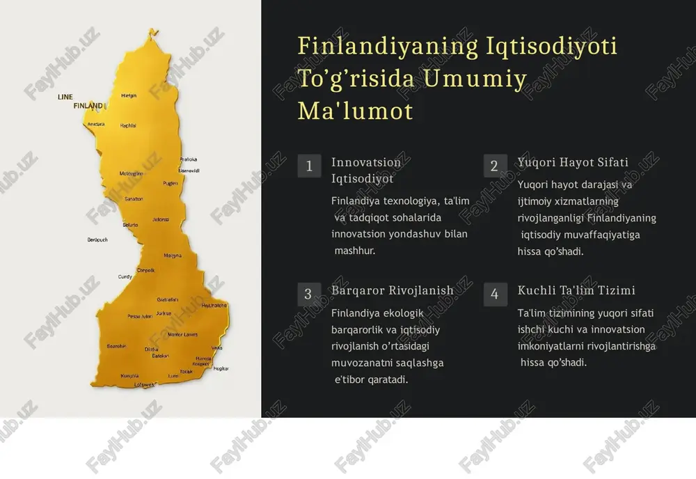 texnologiya sohasiga katta mablag’lar sarflash iqtisodiy o’sishni tezlashtiradi. 3 barqaror rivojlanish siyosati ekologik barqarorlikka e'tibor qaratish iqtisodiy o’sishni uzoq muddatli va barqaror qiladi. xulosa va kelajak istiqbollari finlandiya iqtisodiyoti kelajakda ham innovatsiya, texnologiya va barqaror rivojlanish yo’lida o’sishni davom ettiradi. ishchi kuchining malakasini oshirish, global raqobatga tayyor bo’lish va ekologik barqarorlikka e'tibor qaratish muhim ahamiyatga ega. image3.png image4.jpg image5.jpg image6.jpg image7.jpg image8.jpg image9.jpg image10.png image11.png image12.png image1.jpg image2.png image13.jpg image14.jpg
